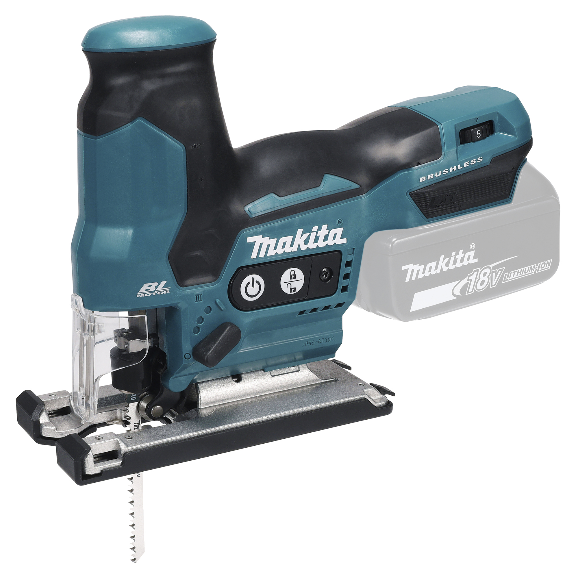 Makita® Säge DJV185Z Akku-Pendelhubstichsäge inkl. Absaugstutzen, Kunststoff-Gleitschuh, Schutzabdeckung, Sechskantstiftschlüssel (3 mm), jeweils 2 x Stichsägeblatt: B-10 Holz/Kunststoff, B-22 Metall/Kunststoff, BR-13 Holz Zubehör erforderlich