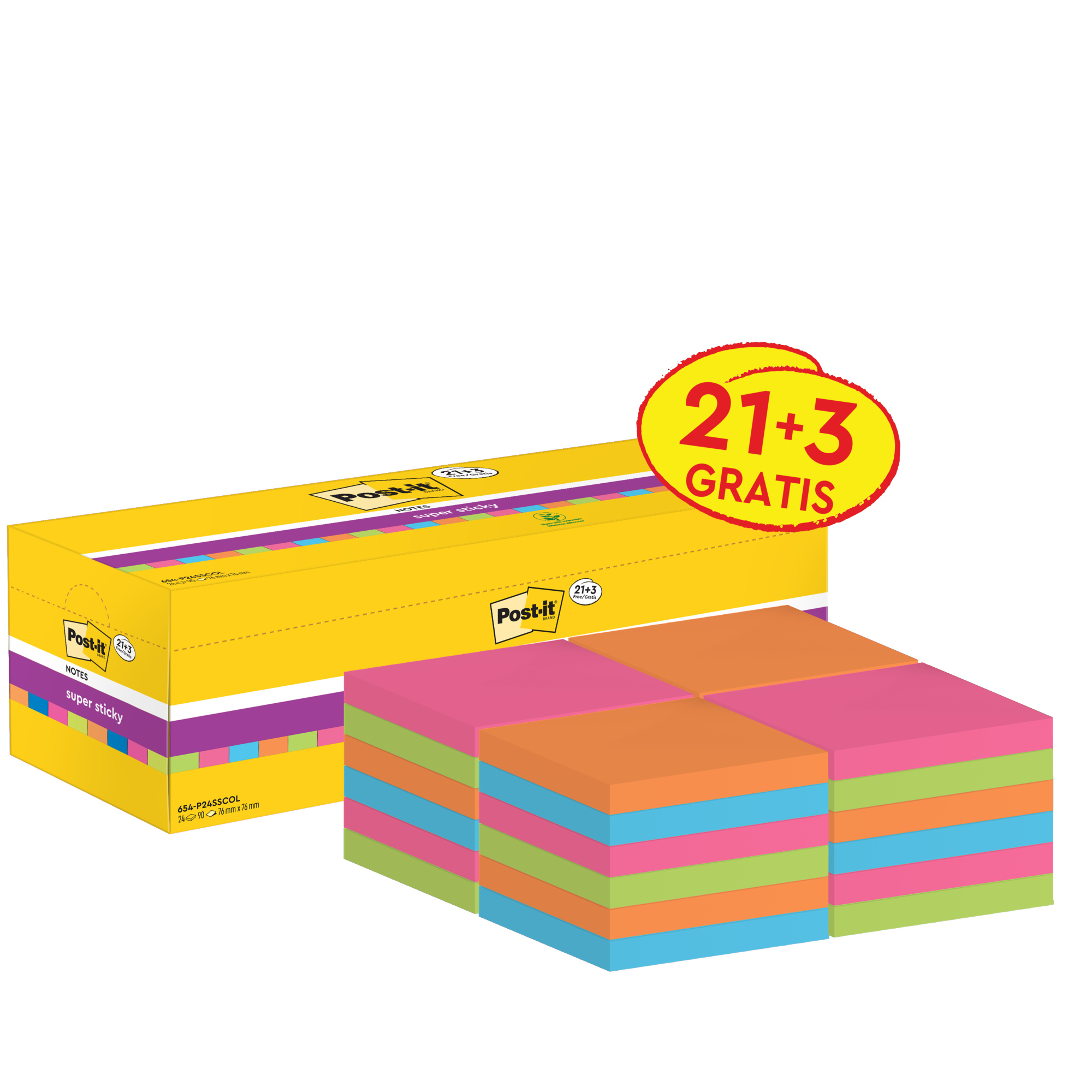 Post-it® Haftnotiz Super Sticky Notes Promotion 76 x 76 mm (B x H) je 6 x vitalorange, limonengrün, powerpink, paradiseblau 90 Bl./Block 24 Block/Pack.