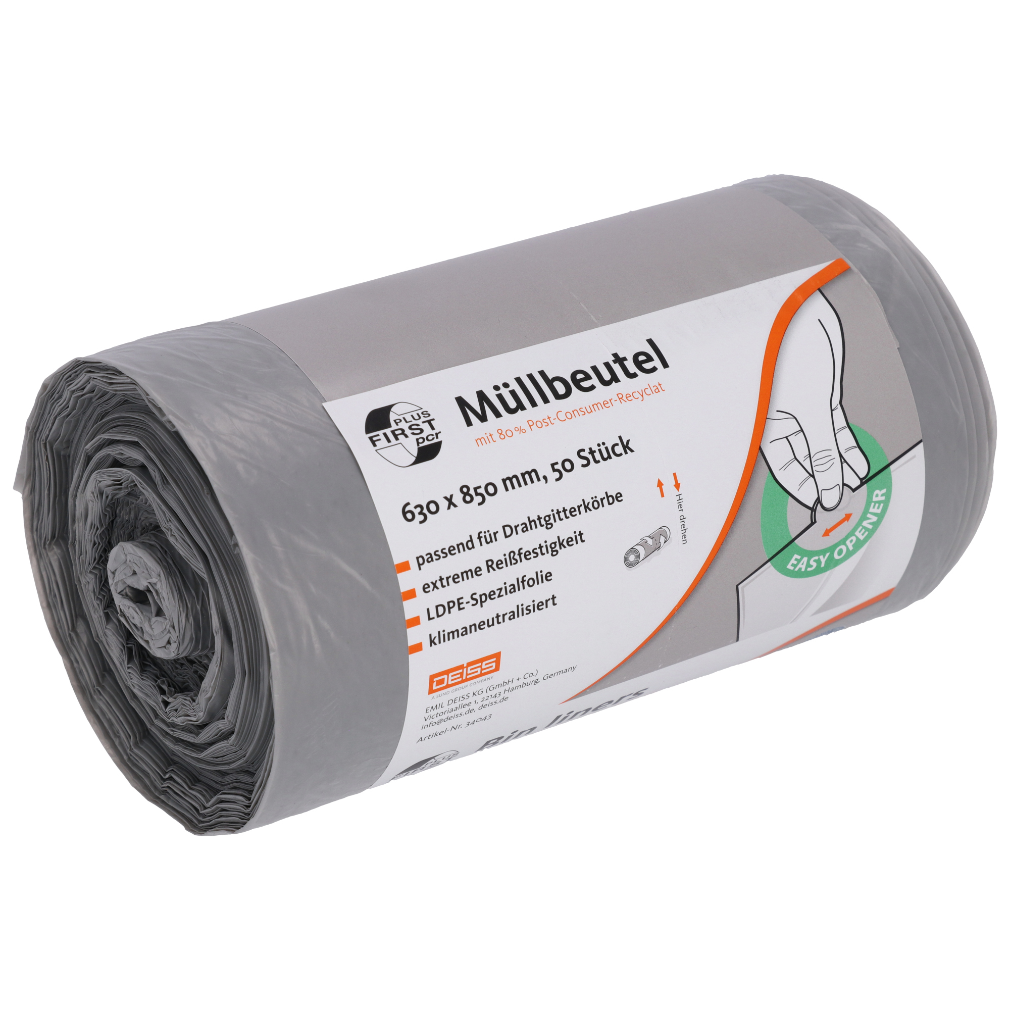 FIRST PLUS Müllsack 83 x 85 cm (B x H) 80l LDPE, 80 % recycelt grau 50 St./Pack.