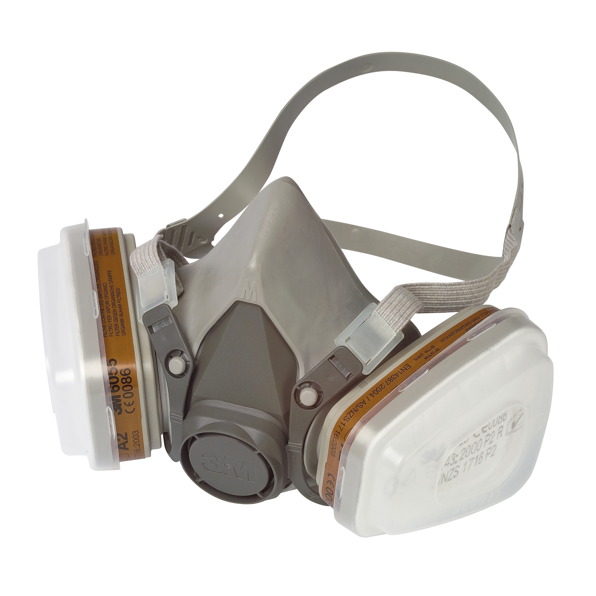 3M Halbmaske 6002C A2P2 inkl. 1 Paar Filter gegen organische Dämpfe A2 6055, 1 Paar Partikelfilter P3 5925, zwei Filterdeckel Kunststoff/Naturkautschuk/Silikon weiß/oliv