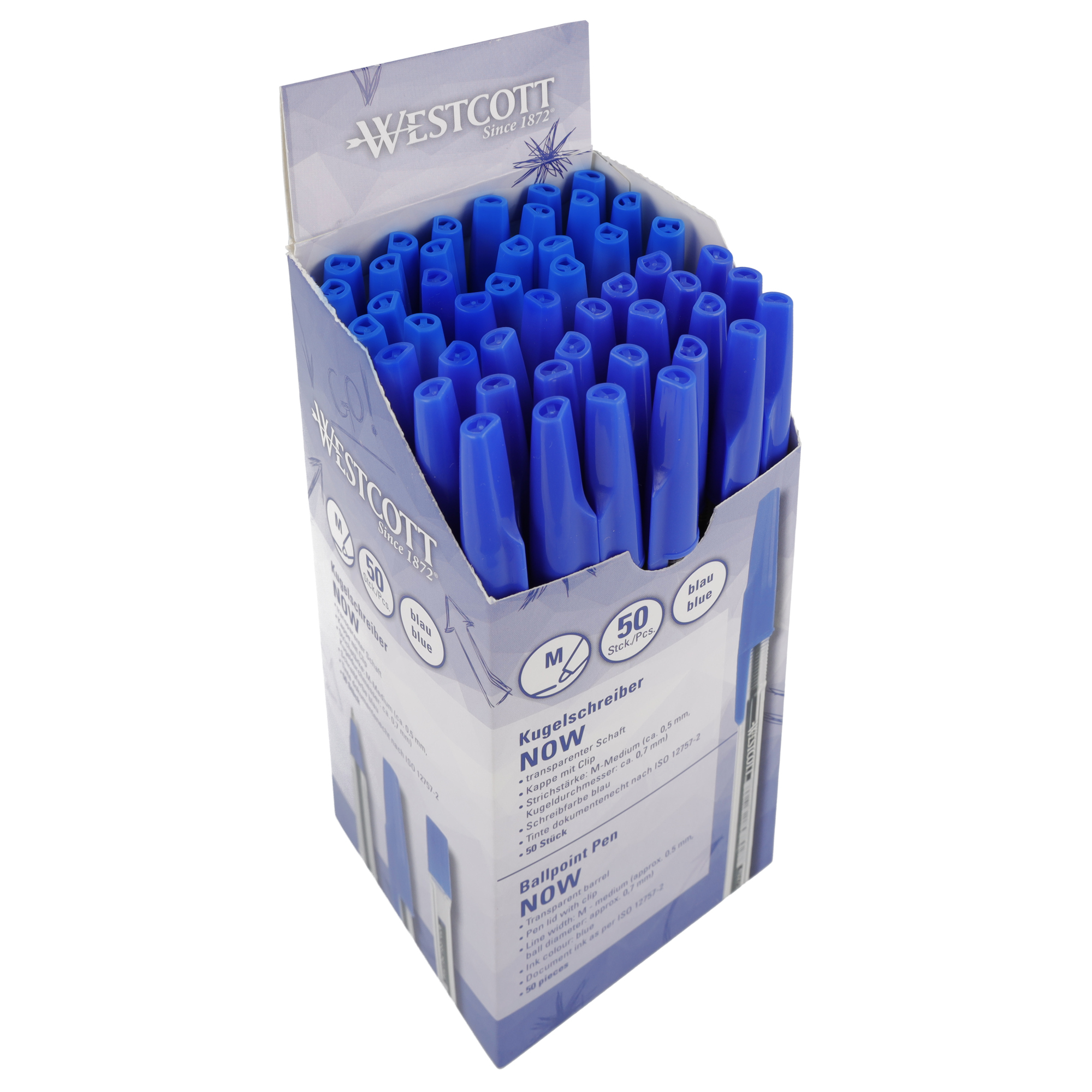 Westcott Einwegkugelschreiber NOW 0,5mm blau Kappenmodell dokumentenecht 50 St./Pack.