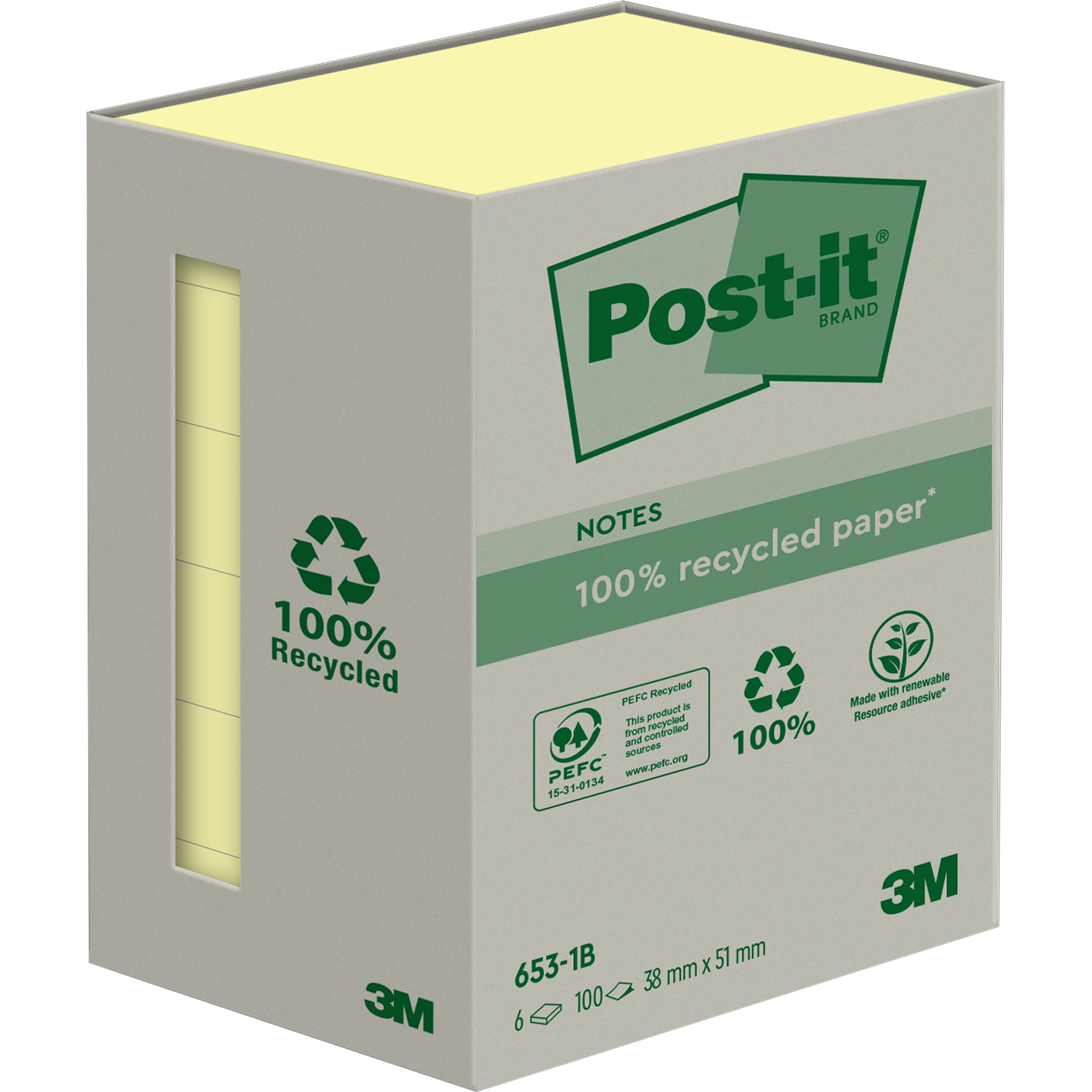 Post-it® Haftnotiz Recycling Notes 38 x 51 mm (B x H) gelb 100 Bl./Block 6 Block/Pack.