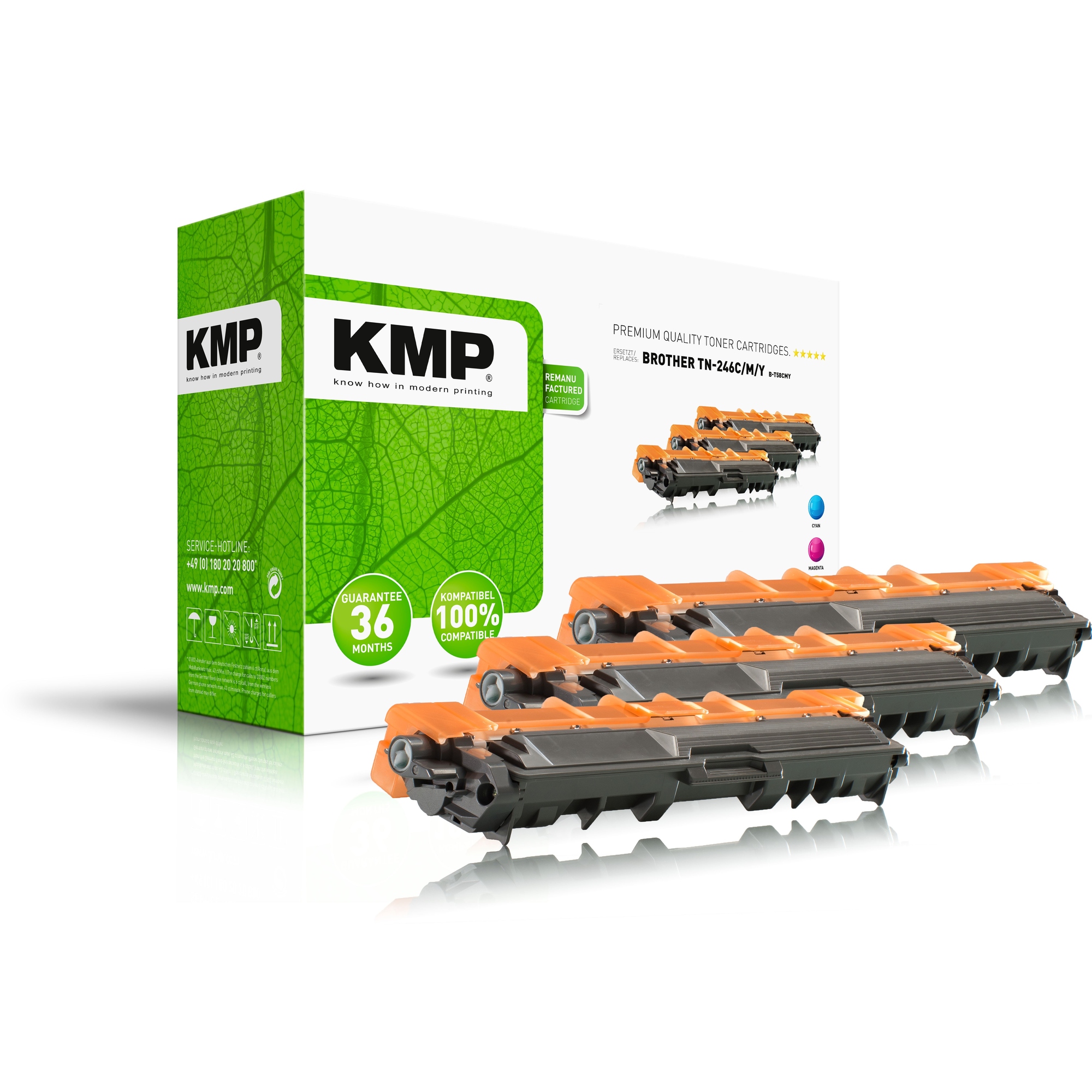 KMP Toner kein Originalzubehör Kompatibel mit: Brother TN-246C, TN-246M, TN-246Y B-T58CMY ca. 3 x 2.200 Seiten cyan, magenta, gelb 3 St./Pack.