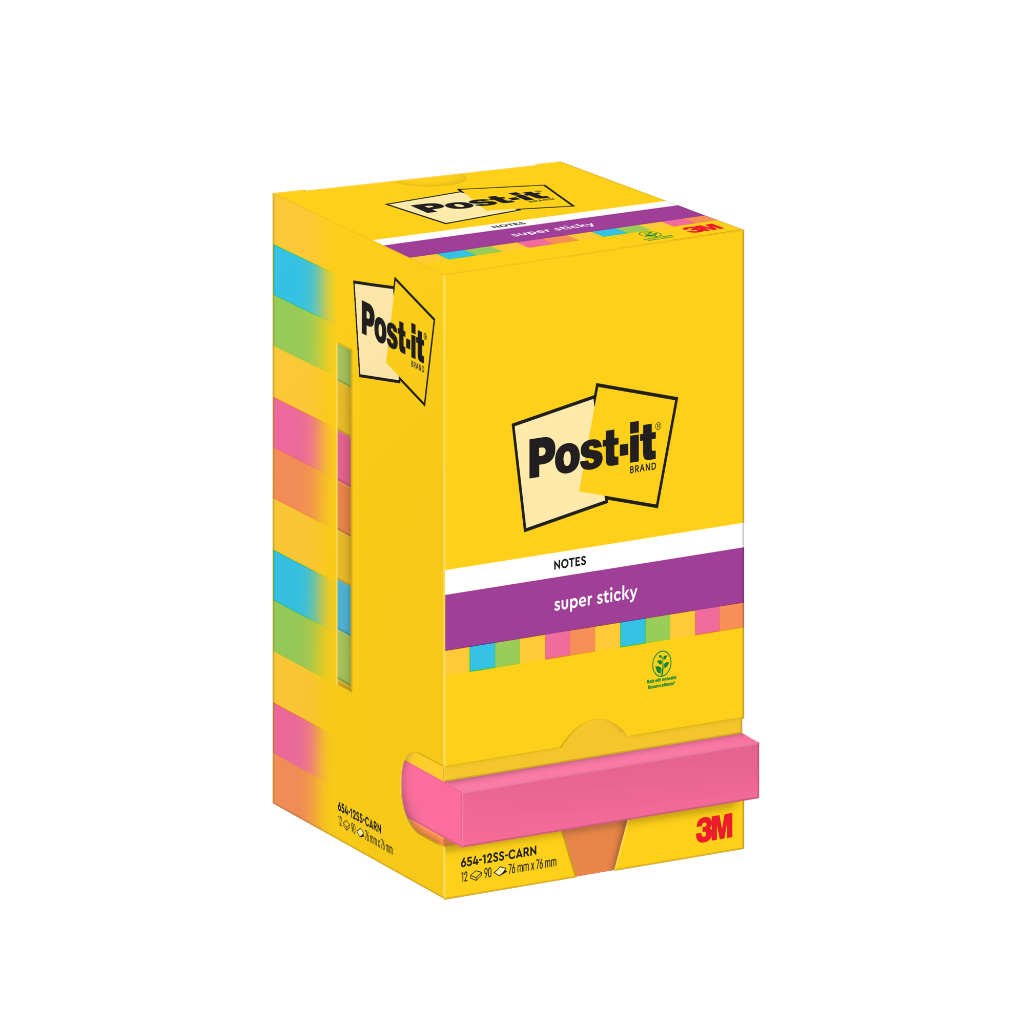 Post-it® Haftnotiz Super Sticky Notes Carnival Collection 76 x 76 mm (B x H) ultragelb, paradiseblau, limonengrün, powerpink, vitalorange 90 Bl./Block 12 Block/Pack.