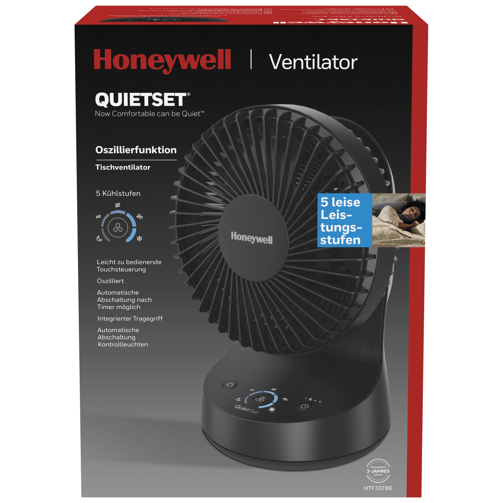 Honeywell® Tischventilator QuietSet 34W 2 Leistungsstufen Netzbetrieb schwarz