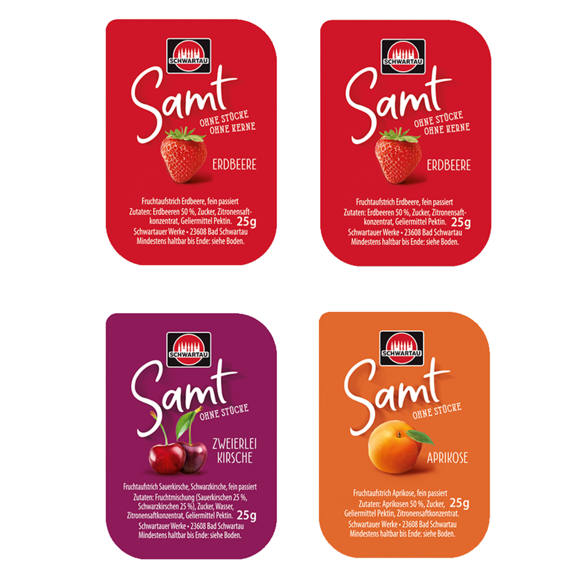 Schwartau Brotaufstrich Samt Konfitüre 50 x Erdbeere, 25 x Aprikose, 25 x zweierlei Kirsche Portionsschale 100 x 25 g/Pack.