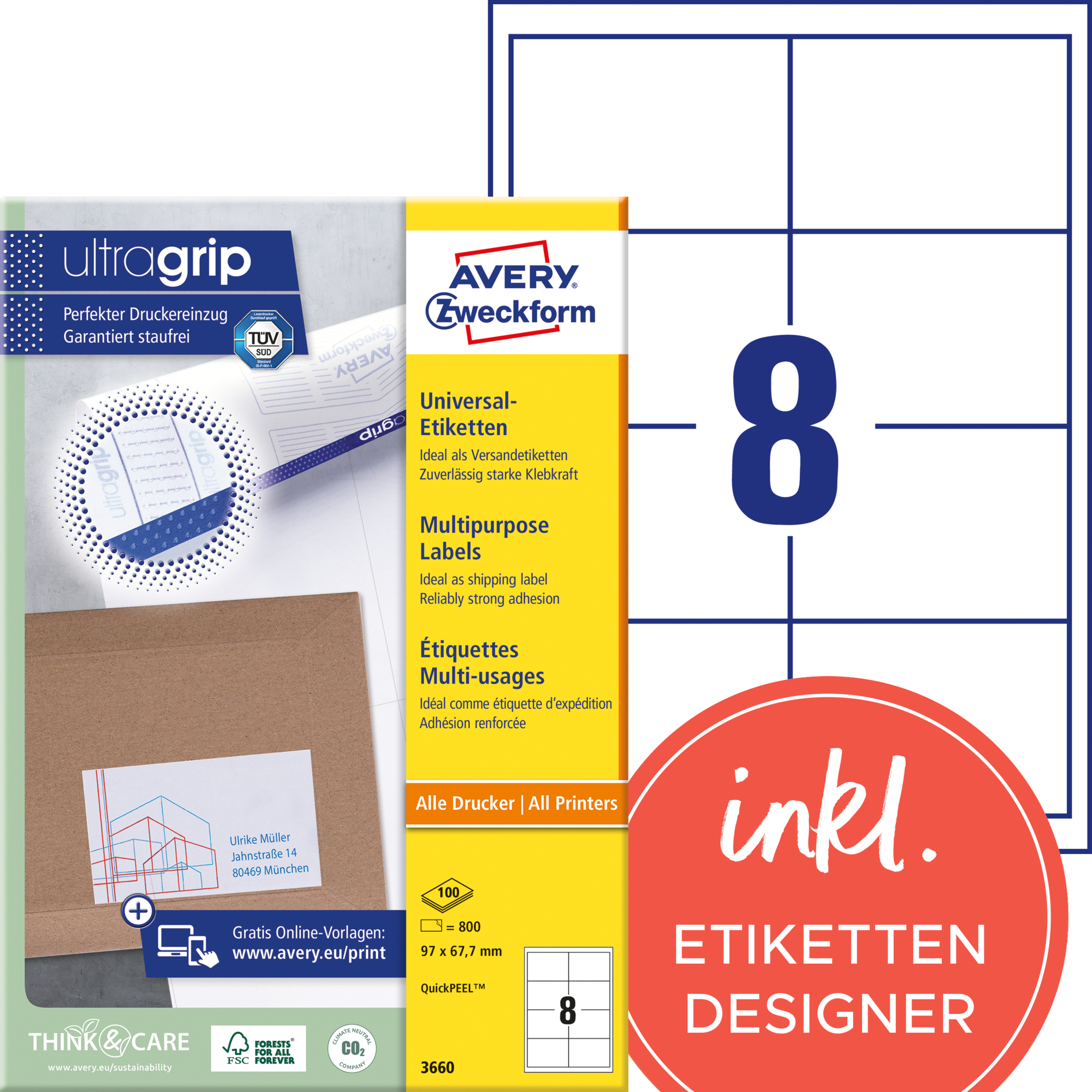 Avery Zweckform Universaletikett ultragrip 97 x 67,7 mm (B x H) nicht wieder ablösbar Papier weiß 800 Etik./Pack.