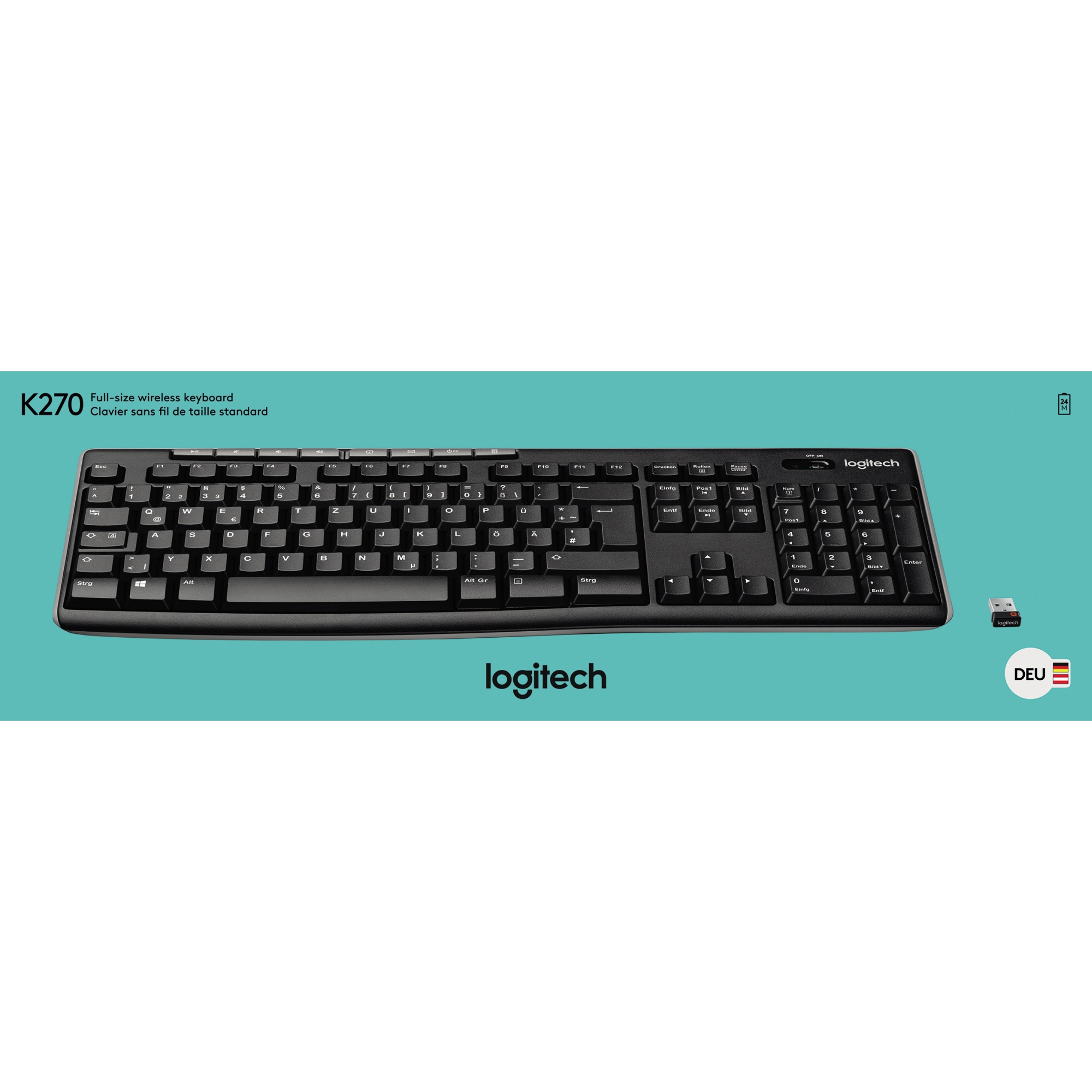 Logitech Tastatur K270 USB-A bis 10m inkl. Unifying Empfänger schwarz