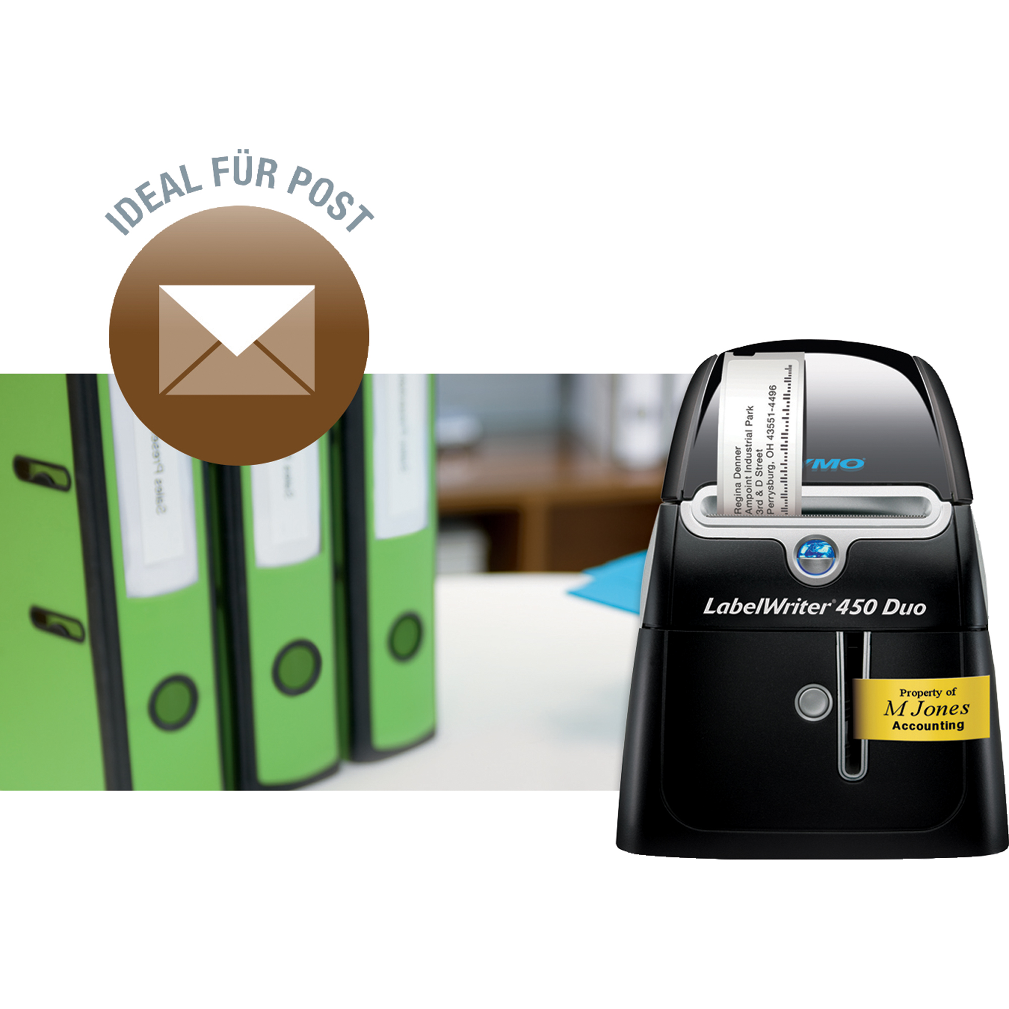 DYMO® Etikettendrucker LabelWriter™ 450 Duo 71 Etik./Min. USB 2.0 inkl. 20 Starter Etiketten (89 x 36 mm), D1-Schriftband (24 mm x 3 m, schwarz auf weiß), Adapter, Netzkabel, USB-Kabel, Kurzanleitung
