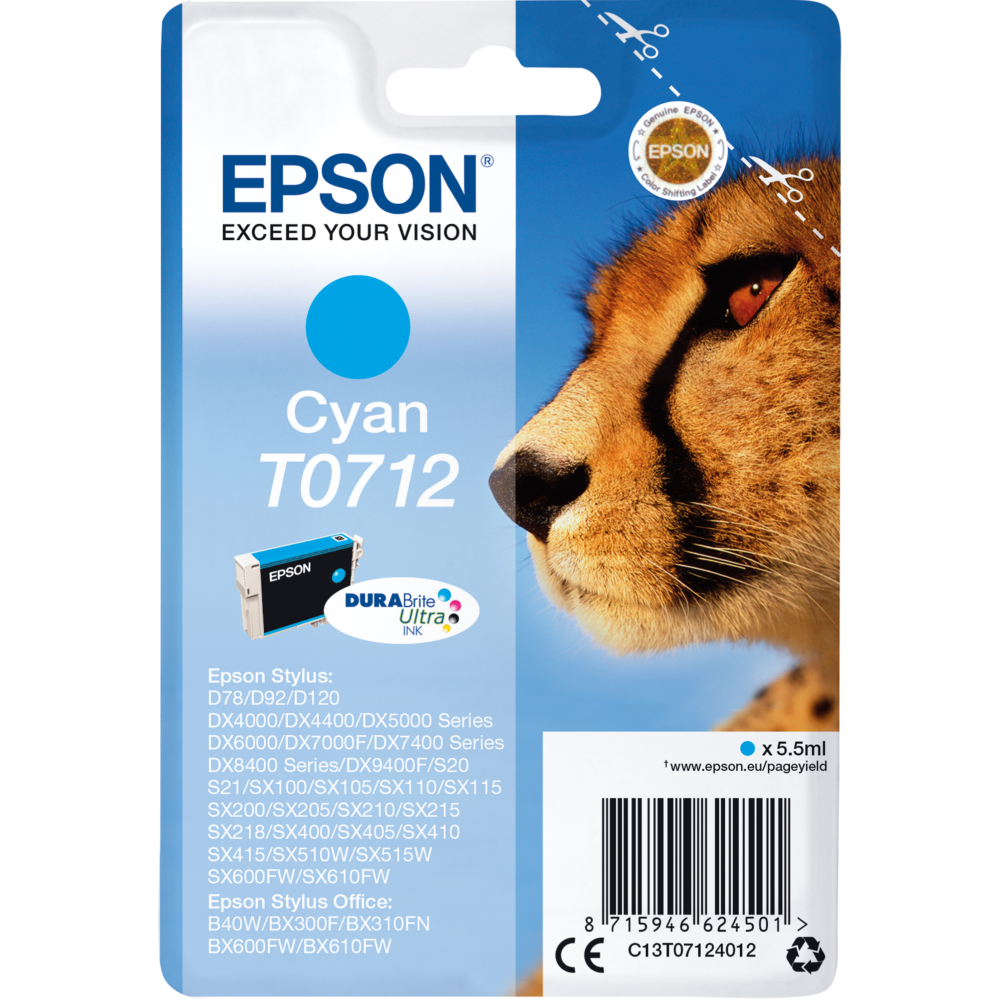 Epson Tintenpatrone Originalzubehör T0712 ca. 345 Seiten cyan 5,5ml