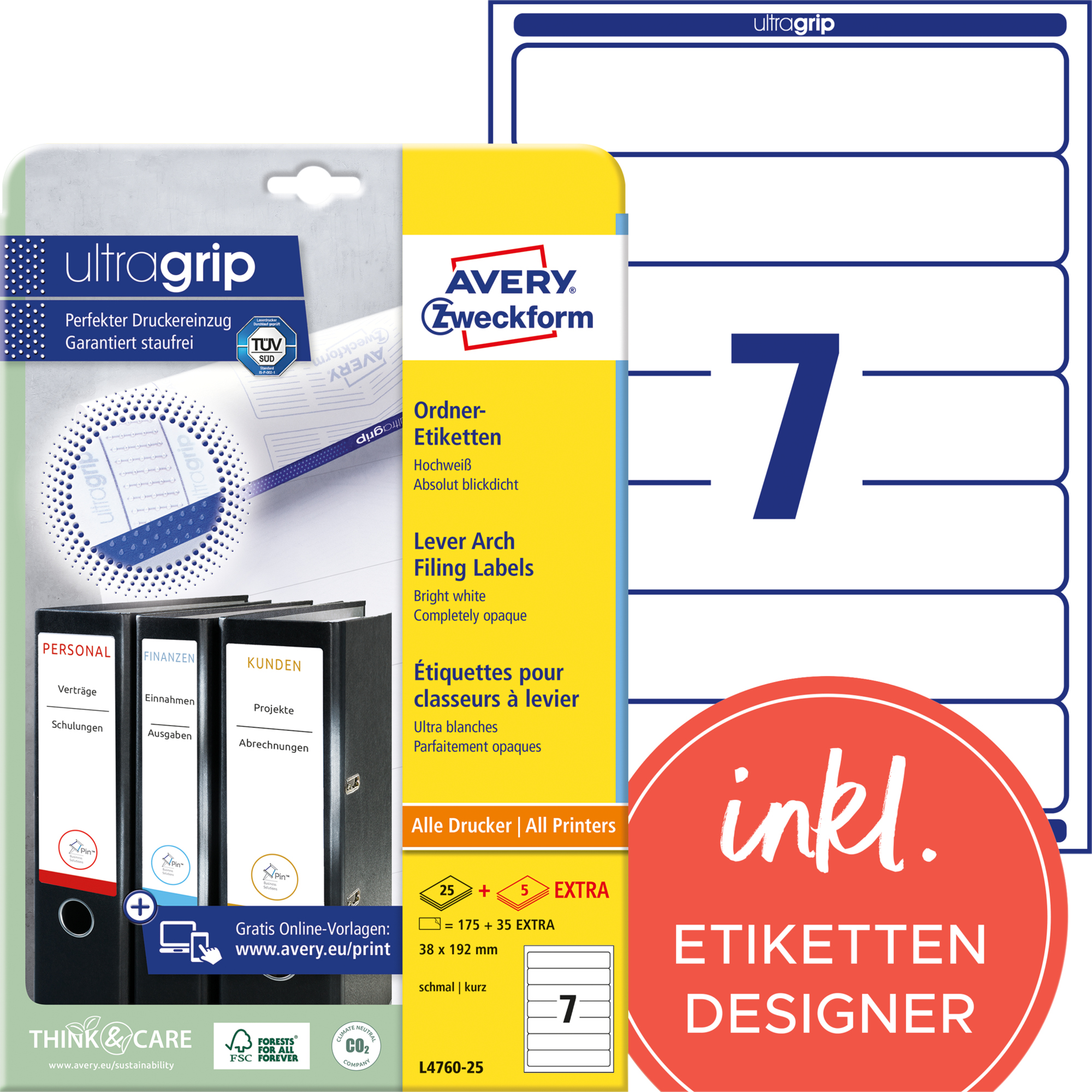Avery Zweckform Ordnerrückenetikett ultragrip schmal/kurz 38 x 192 mm (B x H) selbstklebend ohne Griffloch weiß 210 Etik./Pack.