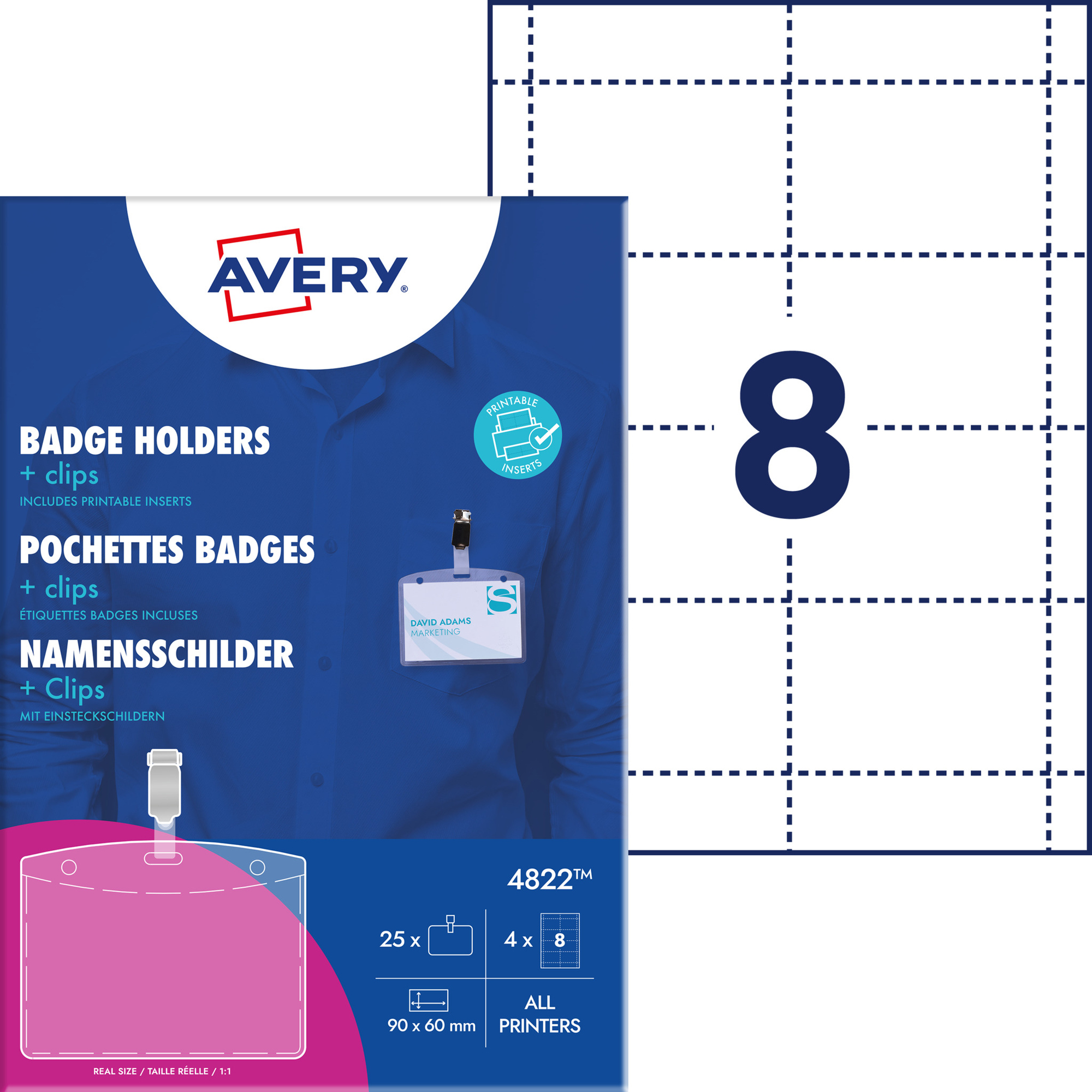 Avery Zweckform Namensschild 90 x 60 mm (B x H) inkl. 32 bedruckbare Einsteckschilder weiß Clip transparent 25 St./Pack.