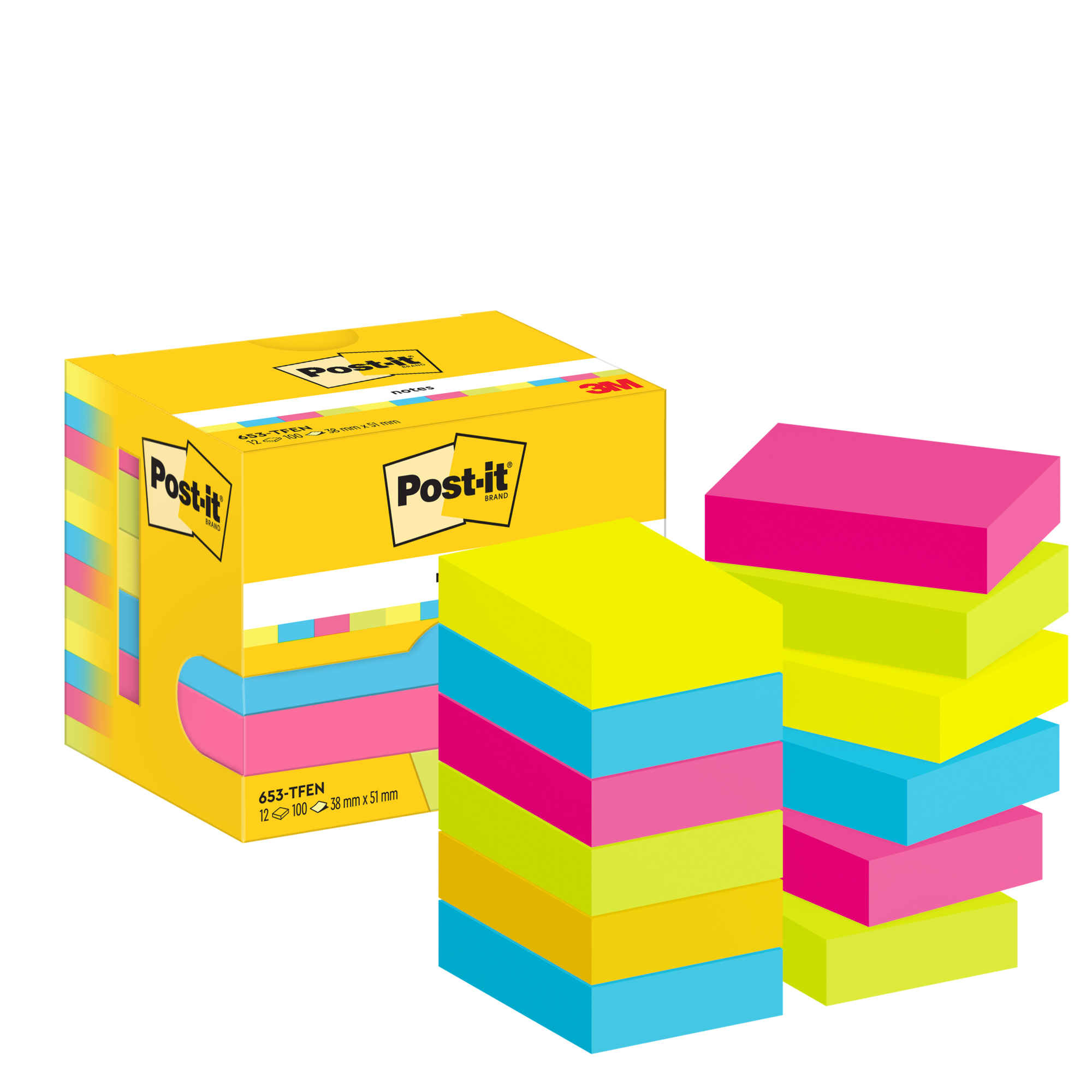 Post-it® Haftnotiz Notes Promotion Energetic Collection 51 x 38 mm (B x H) je 3 x neongelb, paradiseblau, powerpink, neongrün 100 Bl./Block 12 Block/Pack.