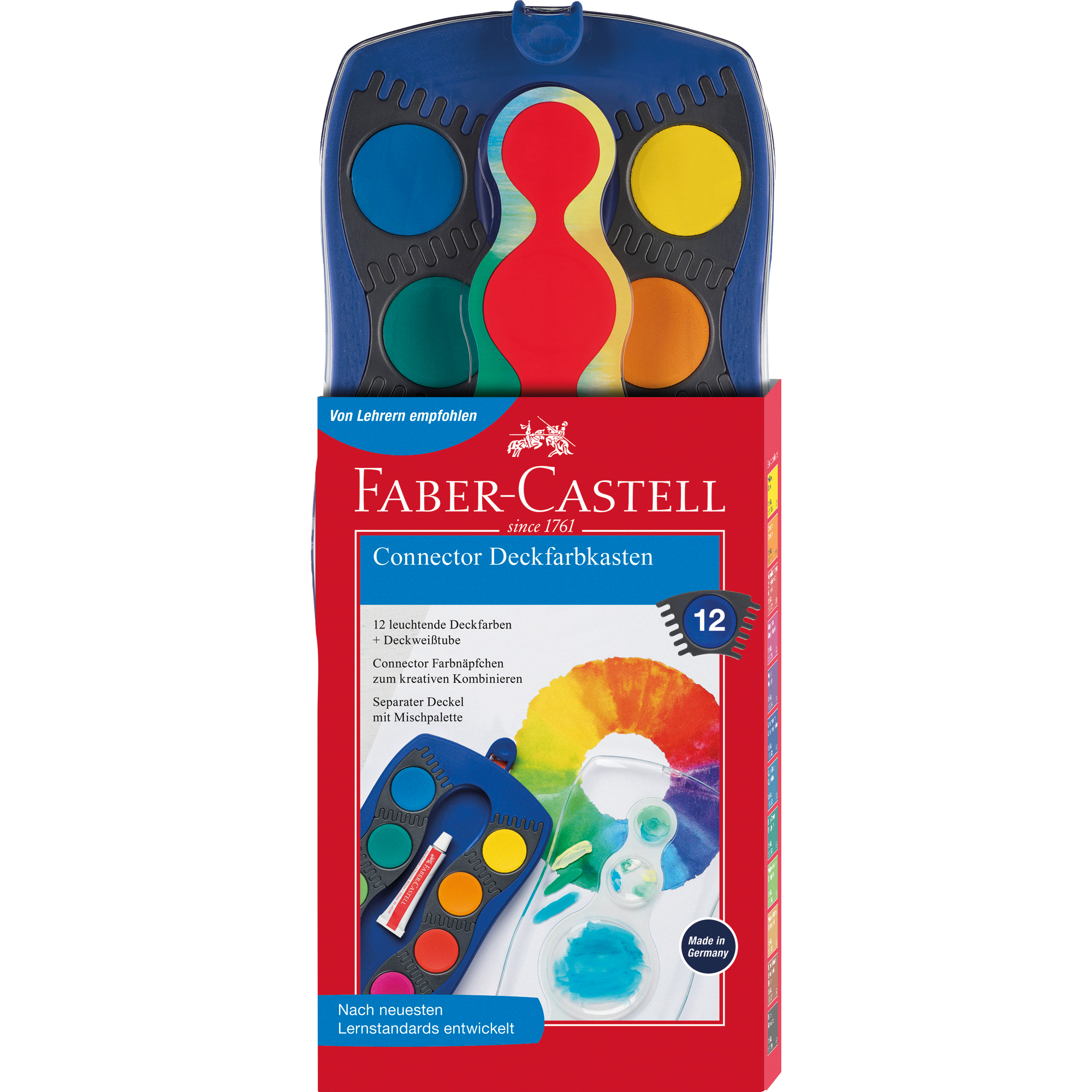 Faber-Castell Farbkasten Connector 12 Farben cyanblau, blaugrün, gelbgrün, ockergelb, siena, schwarz, gelb, orange, zinnoberrot dunkel, magentarot, violett, ultramarinblau Kunststoff