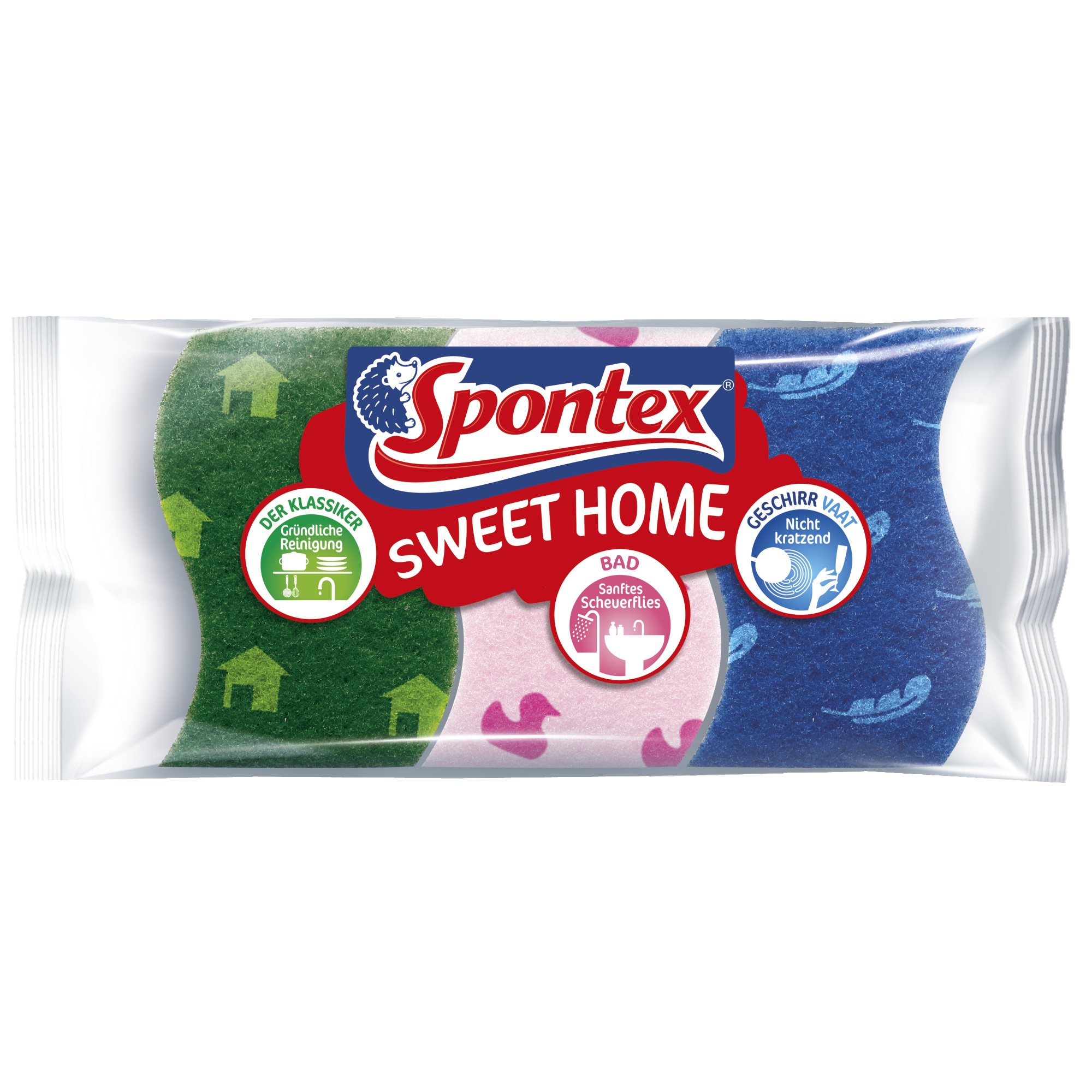 Spontex Reinigungsschwamm Sweet Home 24,5 x 11 x 2,2 cm (B x H x T) Zellulose/Polyester/Viskose blau, rosa, grün 3 St./Pack.