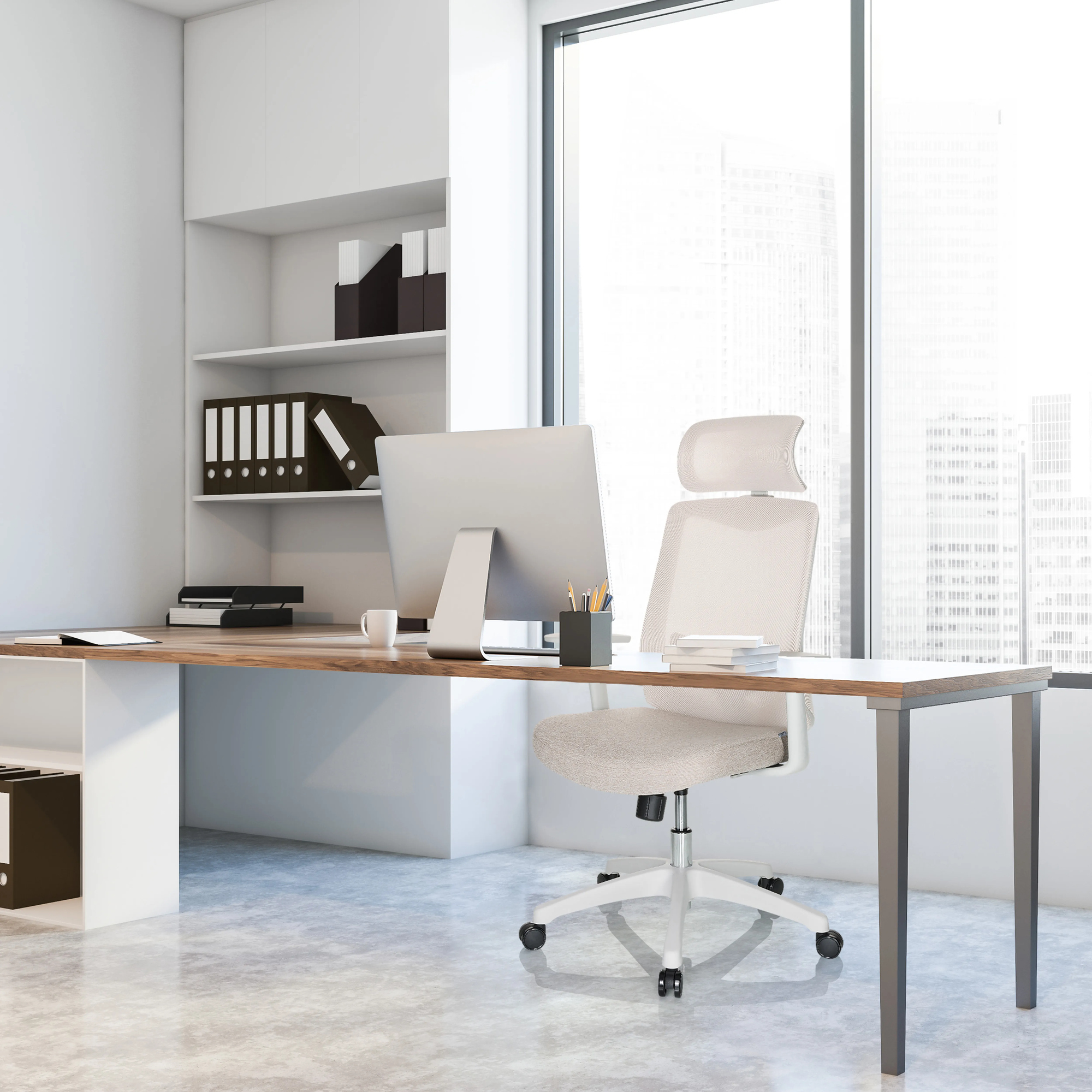 hjh OFFICE Bürodrehstuhl MIKEO W 43-48cm Synchronmechanik Rolle universell (für Hart- und Teppichböden) Kunststoff beige