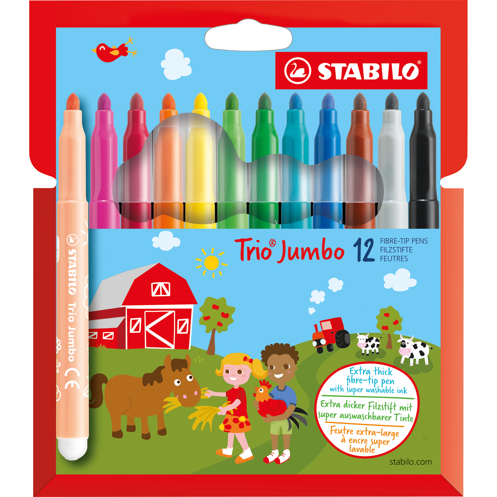 STABILO® Fasermaler Trio® Jumbo 3mm farbig sortiert auswaschbar 12 St./Pack.