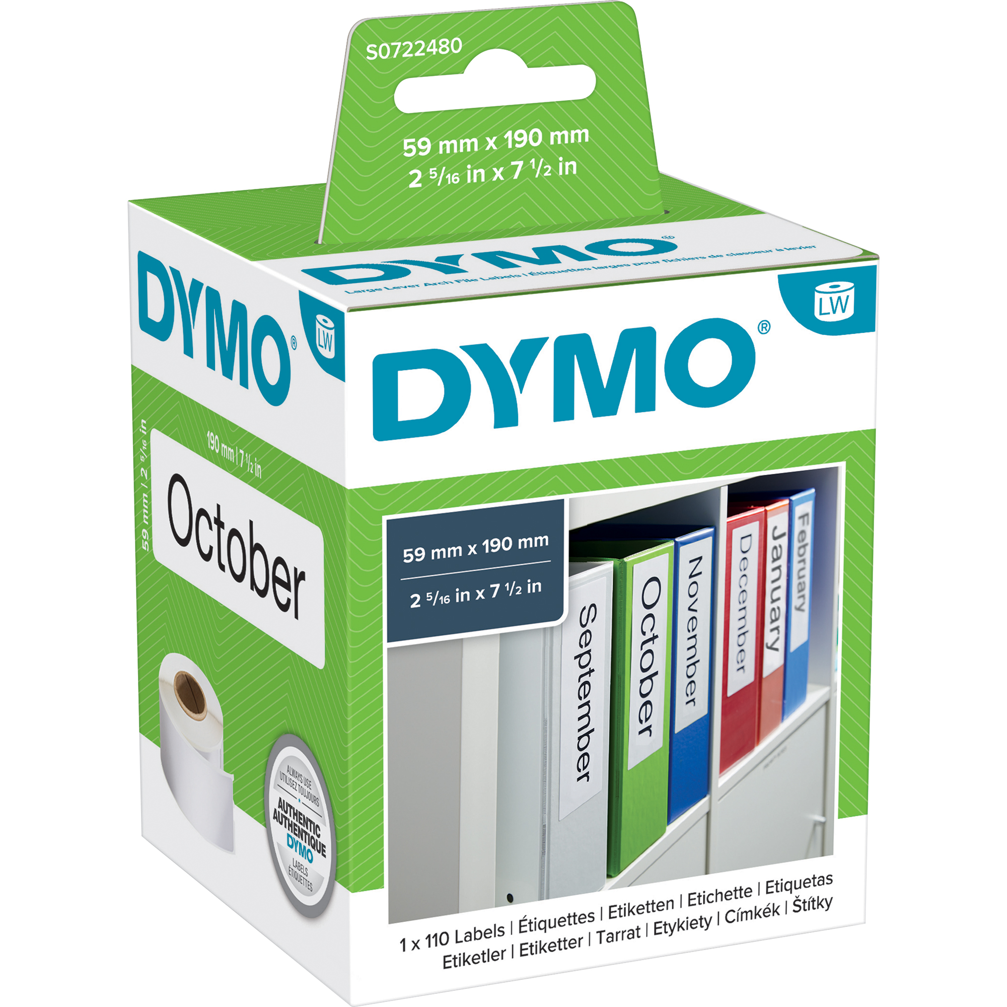 DYMO® Ordneretikett Original DYMO LabelWriter™ Wireless, -320, -330 Turbo, -400, -400 Duo, -400 Turbo, -400 Twin Turbo, -450, -450 Duo, -450 Turbo, -450 Twin Turbo, LW 4XL 59 x 190 mm (B x H) Papier weiß 110 Etik./Rl.