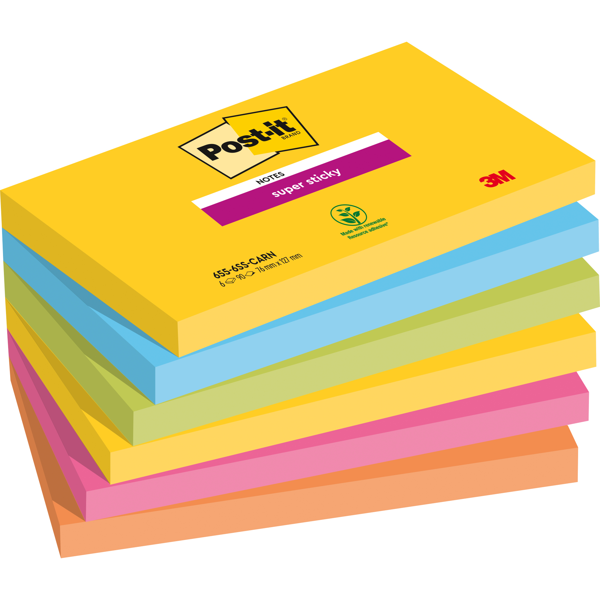 Post-it® Haftnotiz Super Sticky Notes Carnival Collection 127 x 76 mm (B x H) ultragelb, paradiseblau, limonengrün, powerpink, vitalorange 90 Bl./Block 6 Block/Pack.