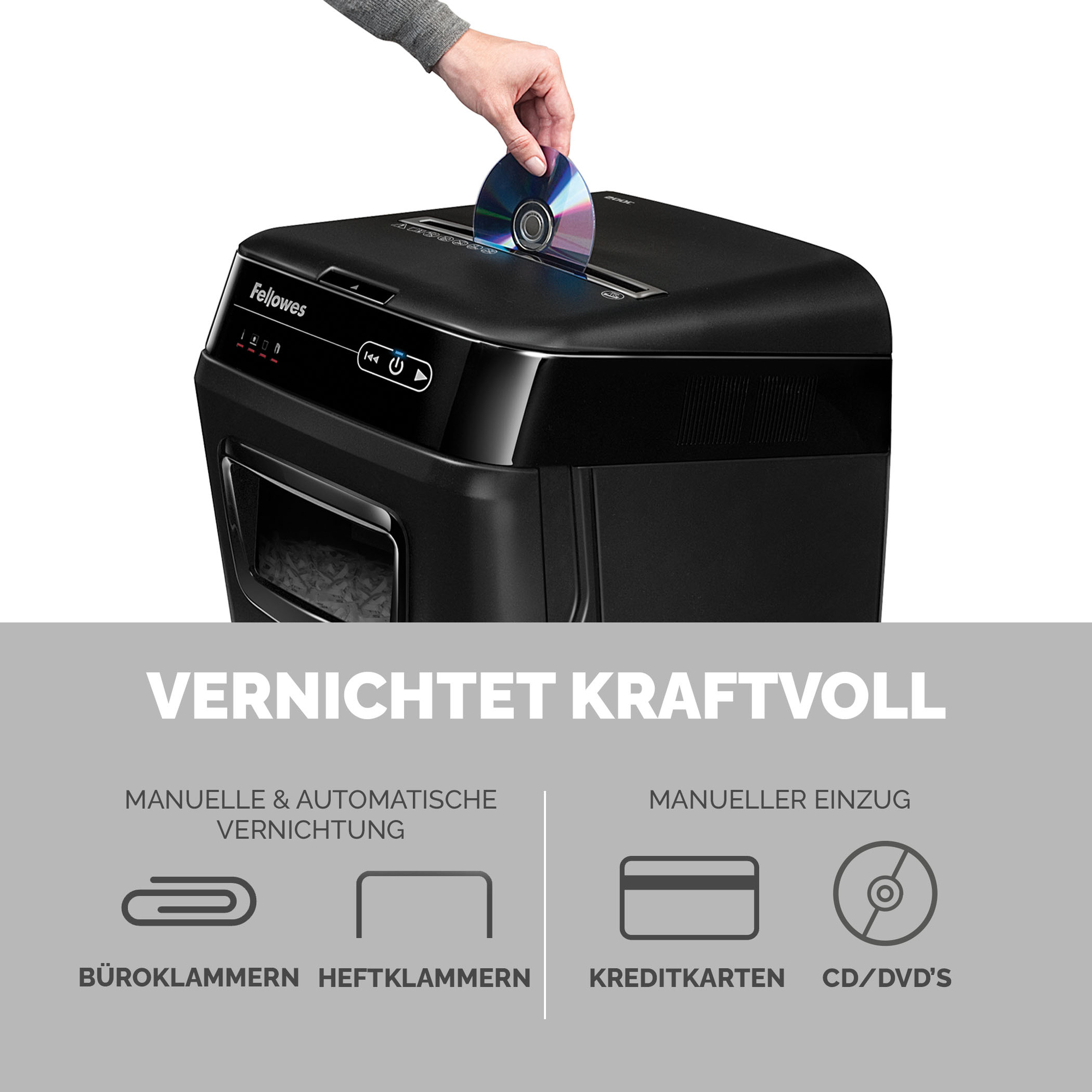 Fellowes® Aktenvernichter AutoMax™ 200C P-4 Papier, Heftklammern, Büroklammern, Kreditkarten, CDs/DVDs Partikelschnitt 10 Bl. manuell, 200 Bl. automatisch schwarz
