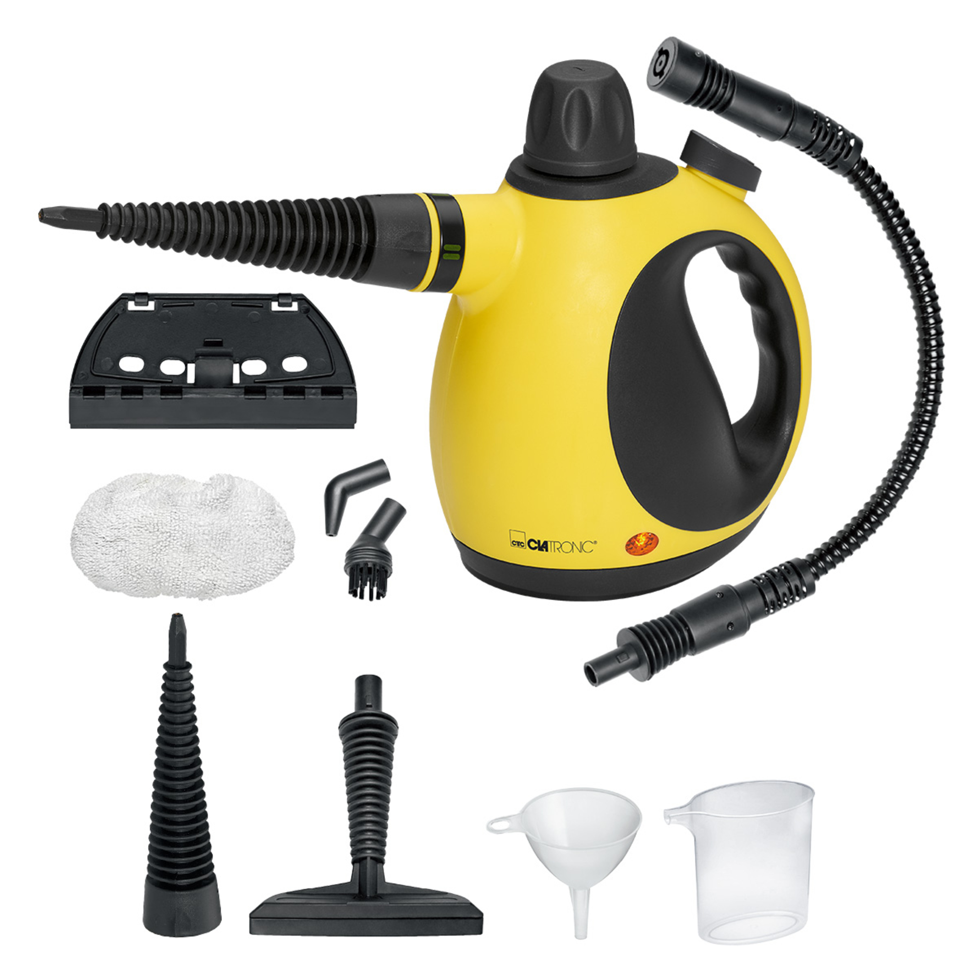 Clatronic Dampfreiniger DR 3653 25 x 22,5 x 13,5 cm (B x H x T) 0,25l Netzbetrieb 900-1.050W inkl. Bürsten-, Winkel-, Vlies-, Fensterreinigungs- und universeller Reinigungsaufsatz, 360° schwenkbare Dampfdüse, Schlauch, Mess­becher, Trichter