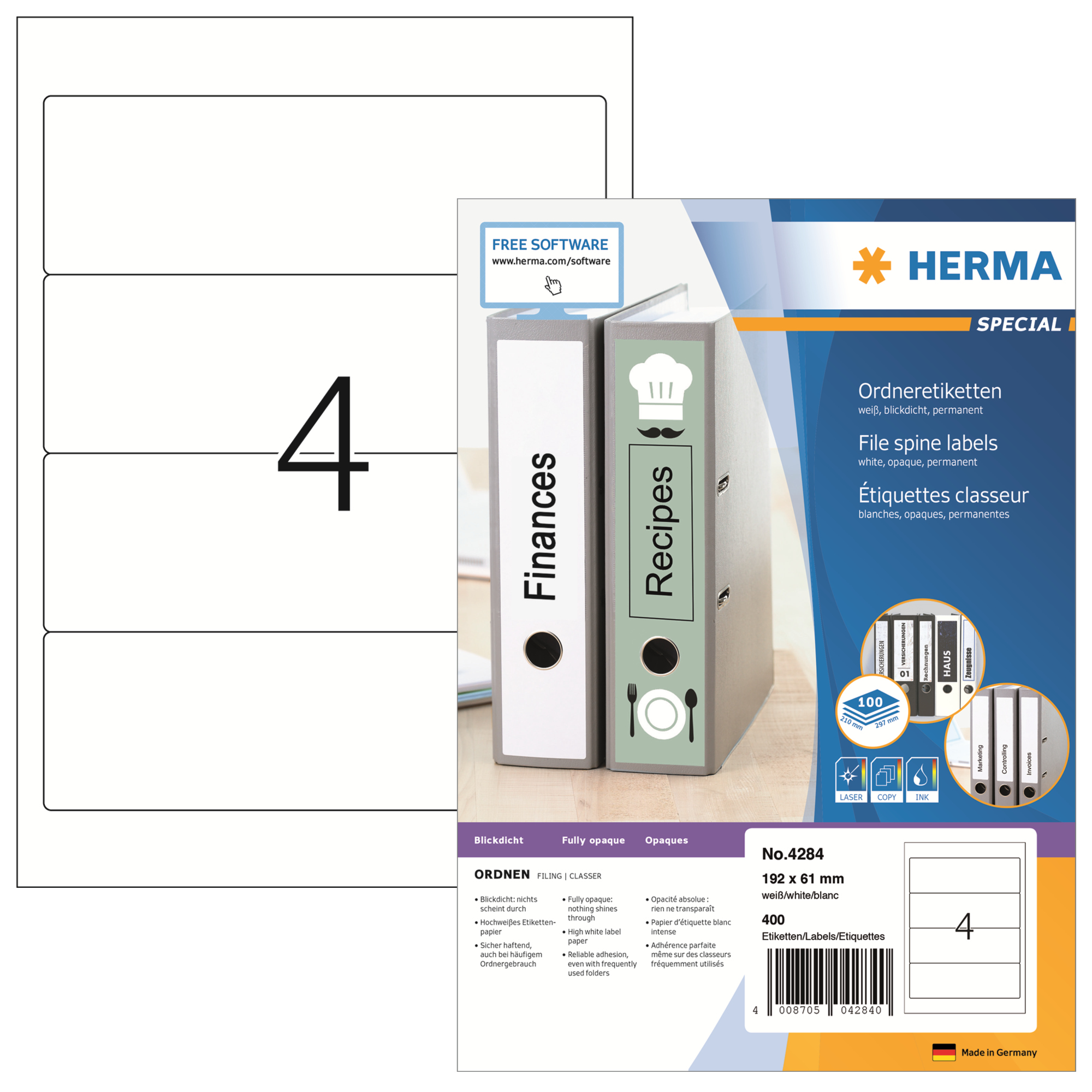 HERMA Ordnerrückenetikett breit/kurz 61 x 192 mm (B x H) selbstklebend ohne Griffloch weiß 400 Etik./Pack.