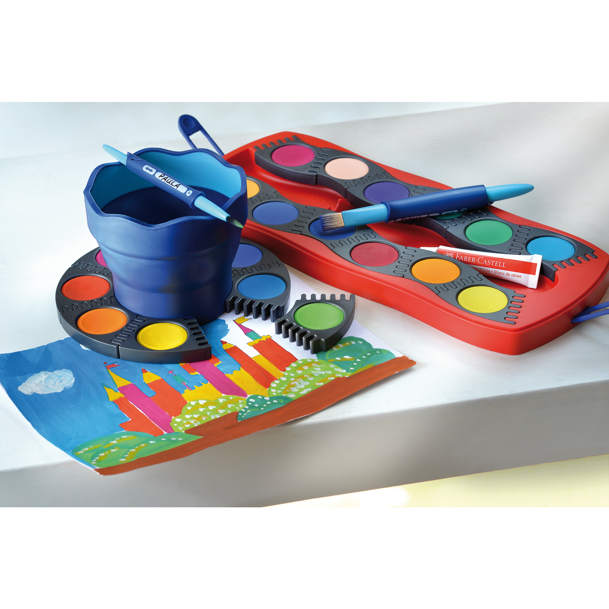 Faber-Castell Farbkasten Connector 12 Farben cyanblau, blaugrün, gelbgrün, ockergelb, siena, schwarz, gelb, orange, zinnoberrot dunkel, magentarot, violett, ultramarinblau Kunststoff