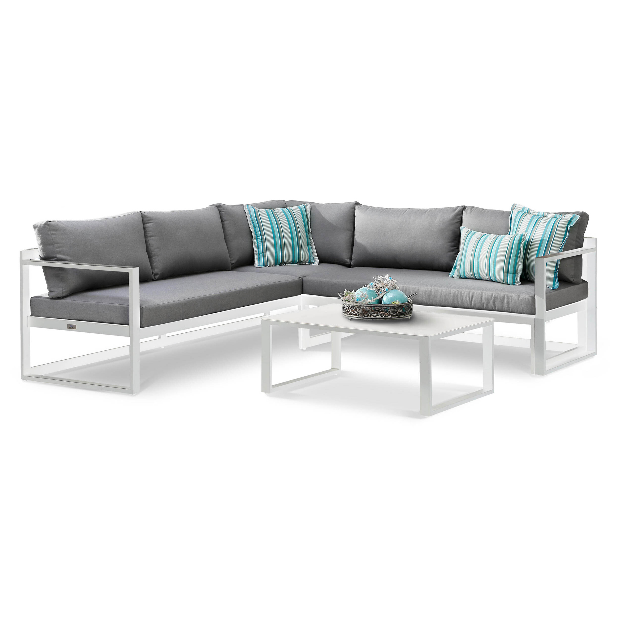 BEST Loungemöbel Rhodos 1 x 3-Sitzer-Bank, 1 x 2-Sitzer-Bank, 1 x Tisch 3-Sitzer-Bank: 212 x 77 x 70, 2-Sitzer-Bank: 142 x 77 x 70, Tisch: 88 x 35 x 60 cm (B x H x T) Milchglas weiß grau