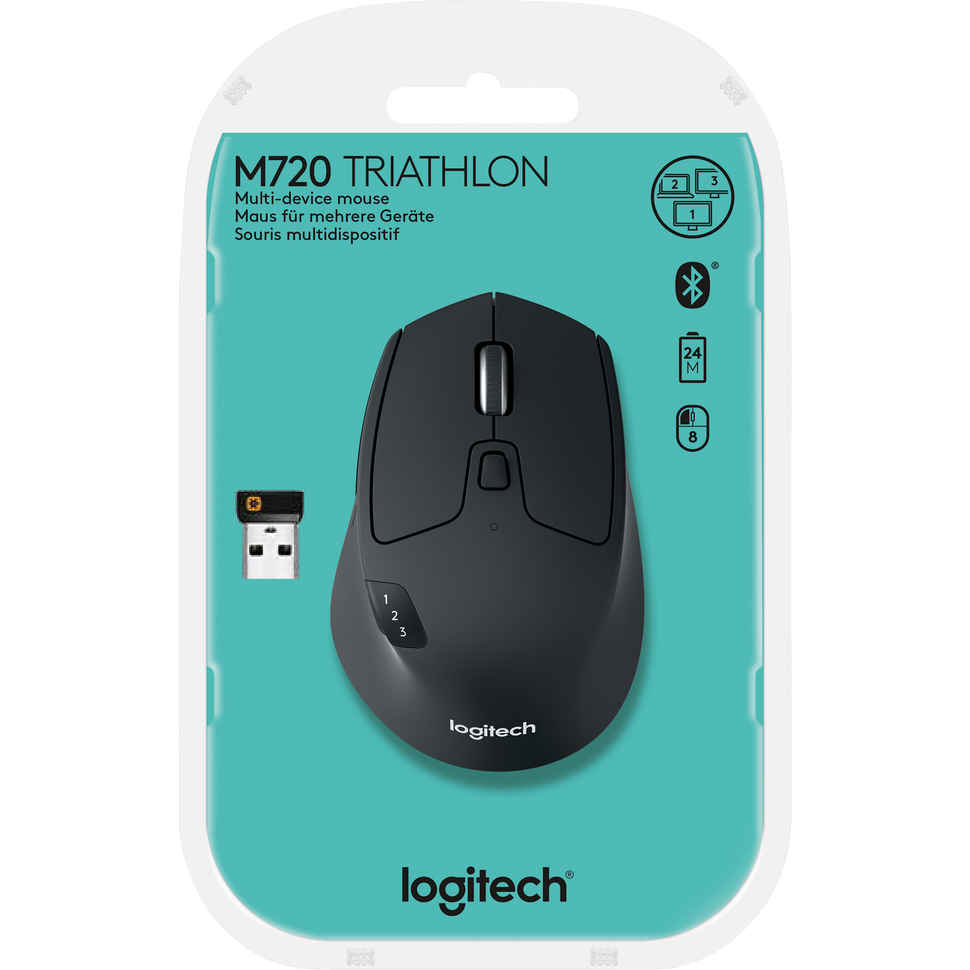 Logitech Optische PC Maus M720 TRIATHLON Rechtshänder nicht ergonomisch USB-A 10m Batterie inkl. Unifying-Empfänger™ schwarz