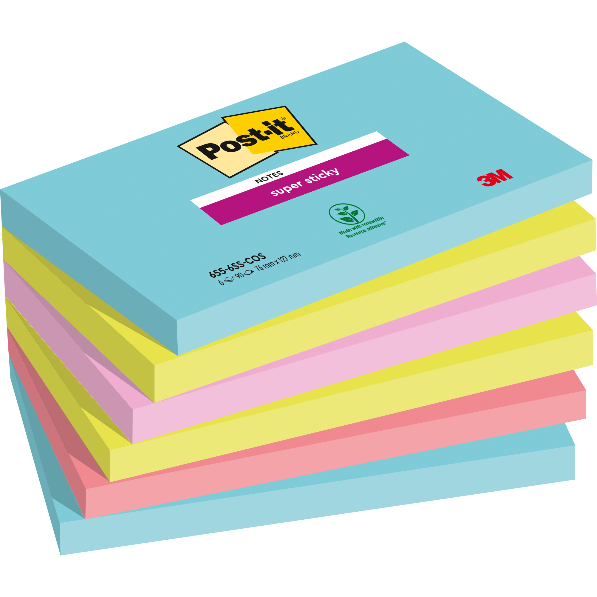Post-it® Haftnotiz Super Sticky Notes Cosmic Collection 127 x 76 mm (B x H) türkis, neongrün, tropicalpink, guavapink 90 Bl./Block 6 Block/Pack.