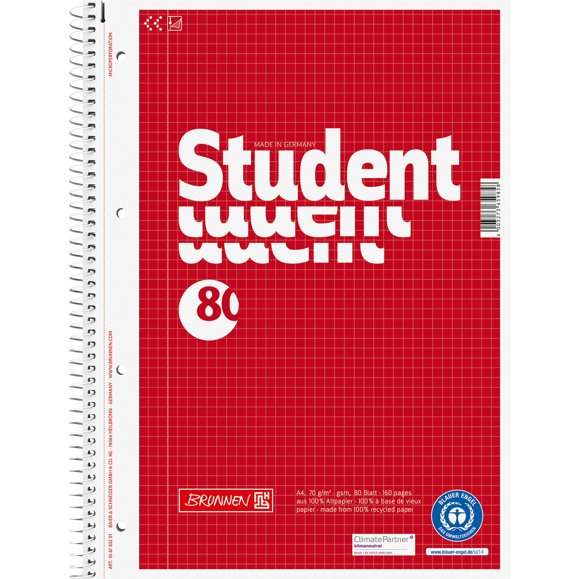 BRUNNEN Collegeblock Student Recycling DIN A4 kariert 70g/m² rot 80 Bl.