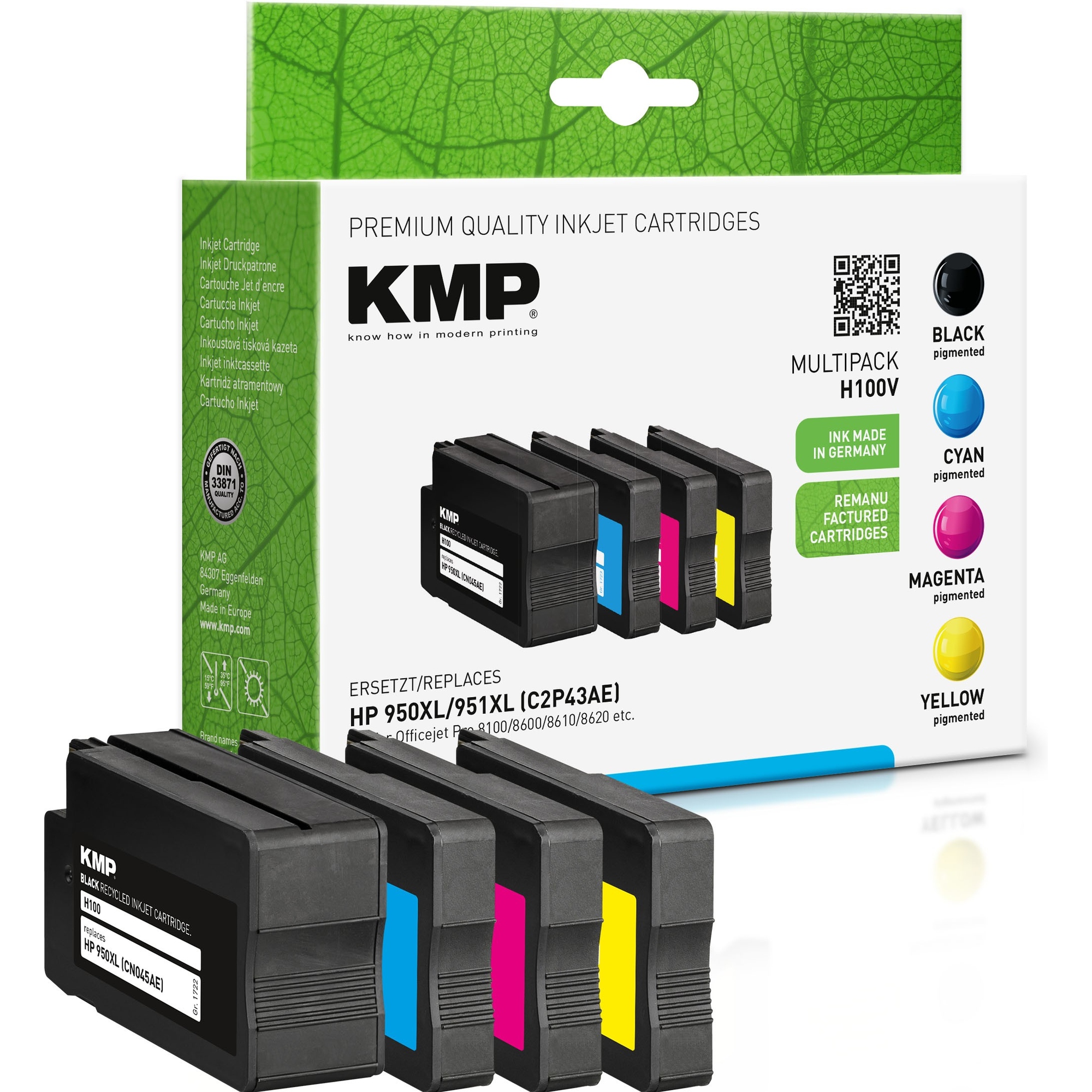 KMP Tintenpatrone kein Originalzubehör Kompatibel mit: HP 950XL/951XL H100V ca. 2.300 Seiten schwarz, ca. 3 x 1.500 Seiten farbig schwarz, mehrfarbig 4 St./Pack.