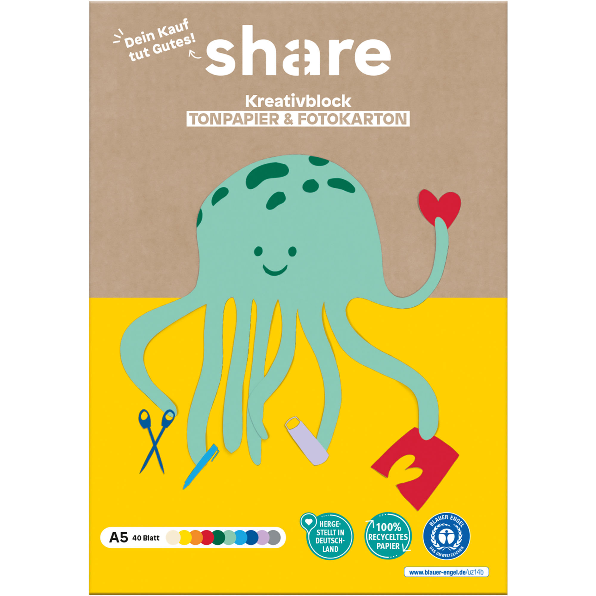 share Bastelblock DIN A5 20 Bl. Tonpapier (120g/m²), 20 Bl. Fotokarton (270g/m²) Je 4 x rot, blau, grün, gelb, orange, braun, türkis, dunkelblau, warmbeige, lavendel 40 Bl.