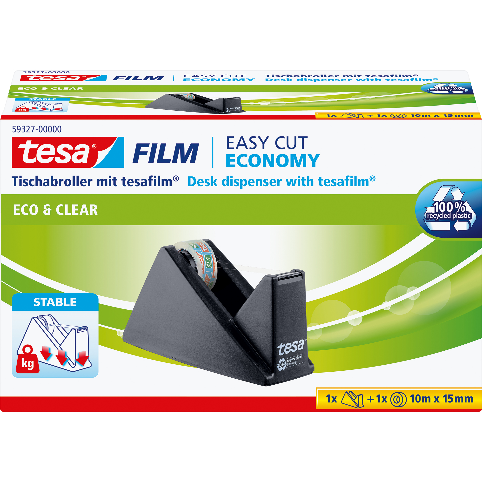 tesa® Tischabroller Easy Cut® Economy ecoLogo® Promo 19 mm x 33 m (B x L) inkl. 1 Rolle tesafilm® Eco & Clear, 15 mm x 10 m (B x L) ohne Lösungsmittel schwarz