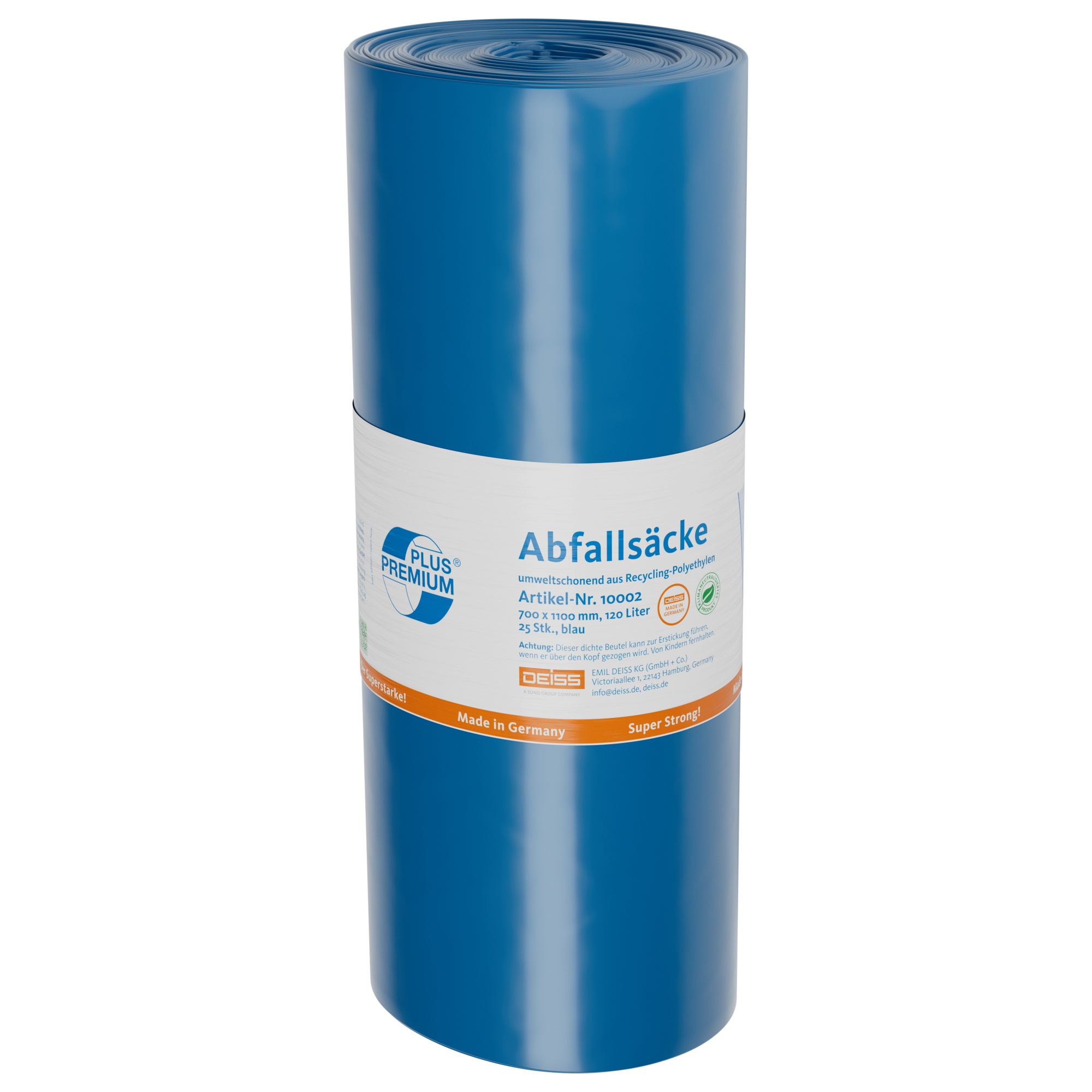 PREMIUM PLUS Müllsack 70 x 110 cm (B x H) 120l LDPE, 94,9 % recycelt blau 25 St./Pack.