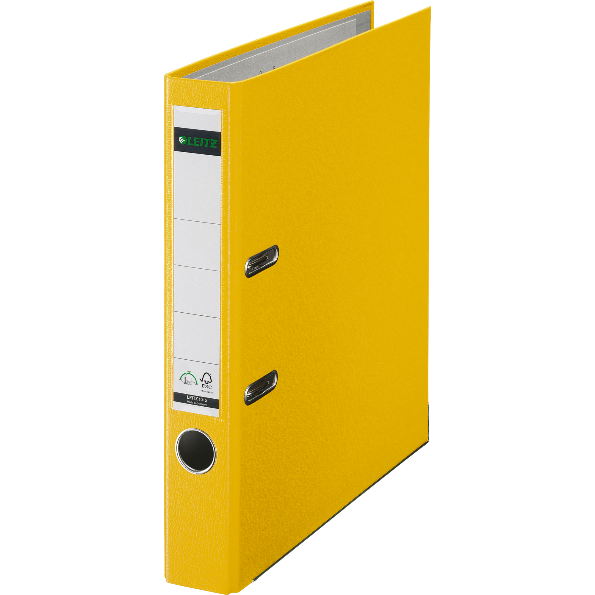Leitz Ordner 52mm DIN A4 Rückenschild: einsteckbar mit Schlitzen Werkstoff: Graupappe, recycelt Material außen: Polypropylenfolie Material innen: Papier, PE beschichtet gelb