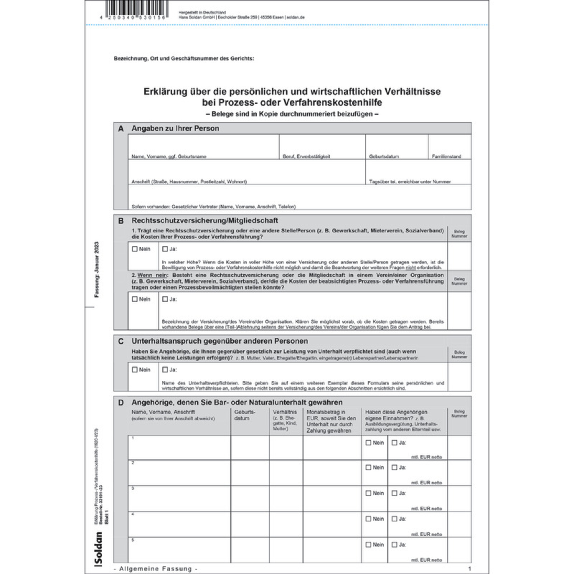 SoldanPlus Prozesskostenhilfeerklärung 5 Bl. 50 St./Pack.