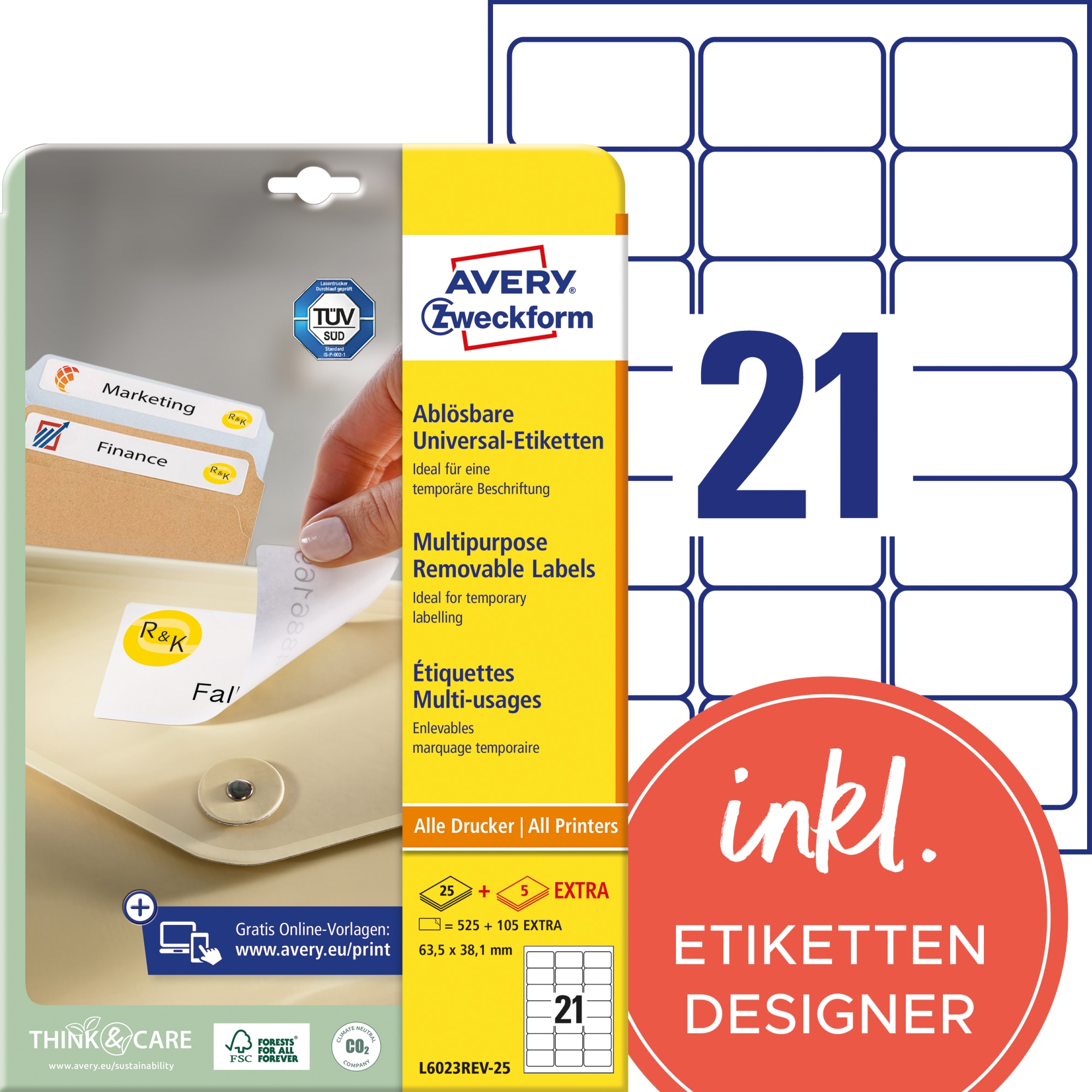 Avery Zweckform Universaletikett 63,5 x 38,1 mm (B x H) wieder ablösbar Papier weiß 630 Etik./Pack.