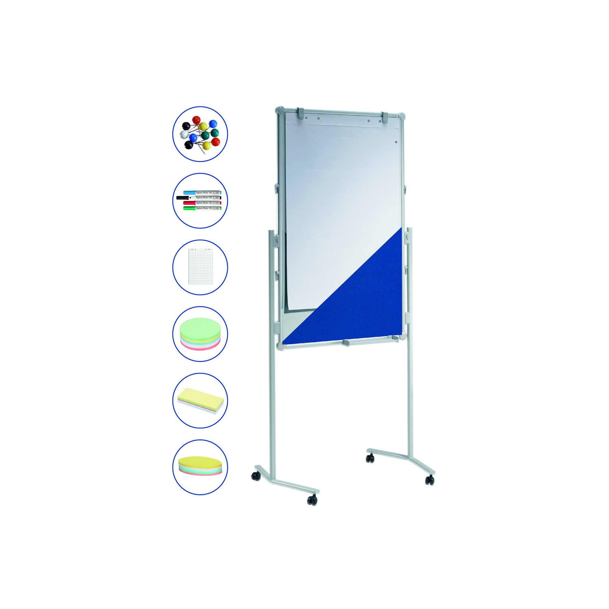 MAUL Moderationstafel MAULpro Maße der Oberfläche: 75 x 120 cm (B x H) inkl. Flipchart-Blockhalter, Flipchartblock, 4 Board-/Flipchartmarker, 360 Moderationskarten, 200 Signal-Nadeln Textil blau