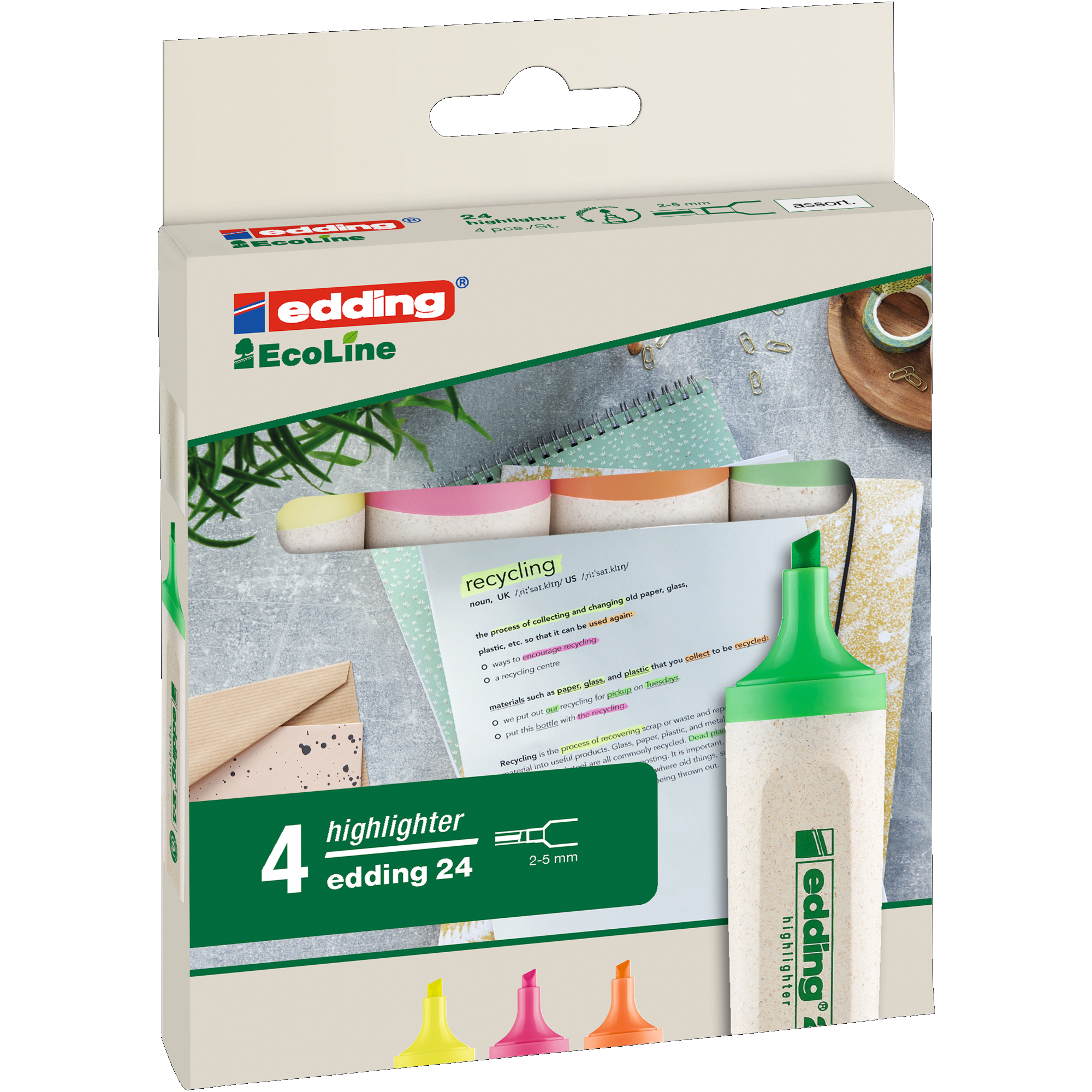 edding Textmarker Highlighter 24 EcoLine 2-5mm farbig sortiert Keilspitze 4 St./Pack.