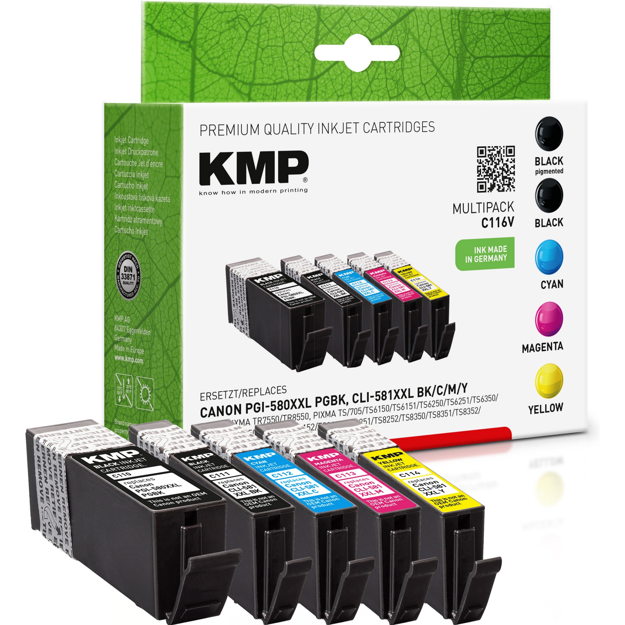KMP Tintenpatrone kein Originalzubehör Kompatibel mit: PGI-580PGBKXXL/CLI-581BKXXL/CLI-581CXXL/CLI-581MXXL/CLI-581YXXL C116V ca. 2 x 600 Seiten schwarz, ca. 820 Seiten cyan, ca. 760 Seiten magenta, ca. 824 Seiten gelb schwarz, mehrfarbig 5 St./Pack.
