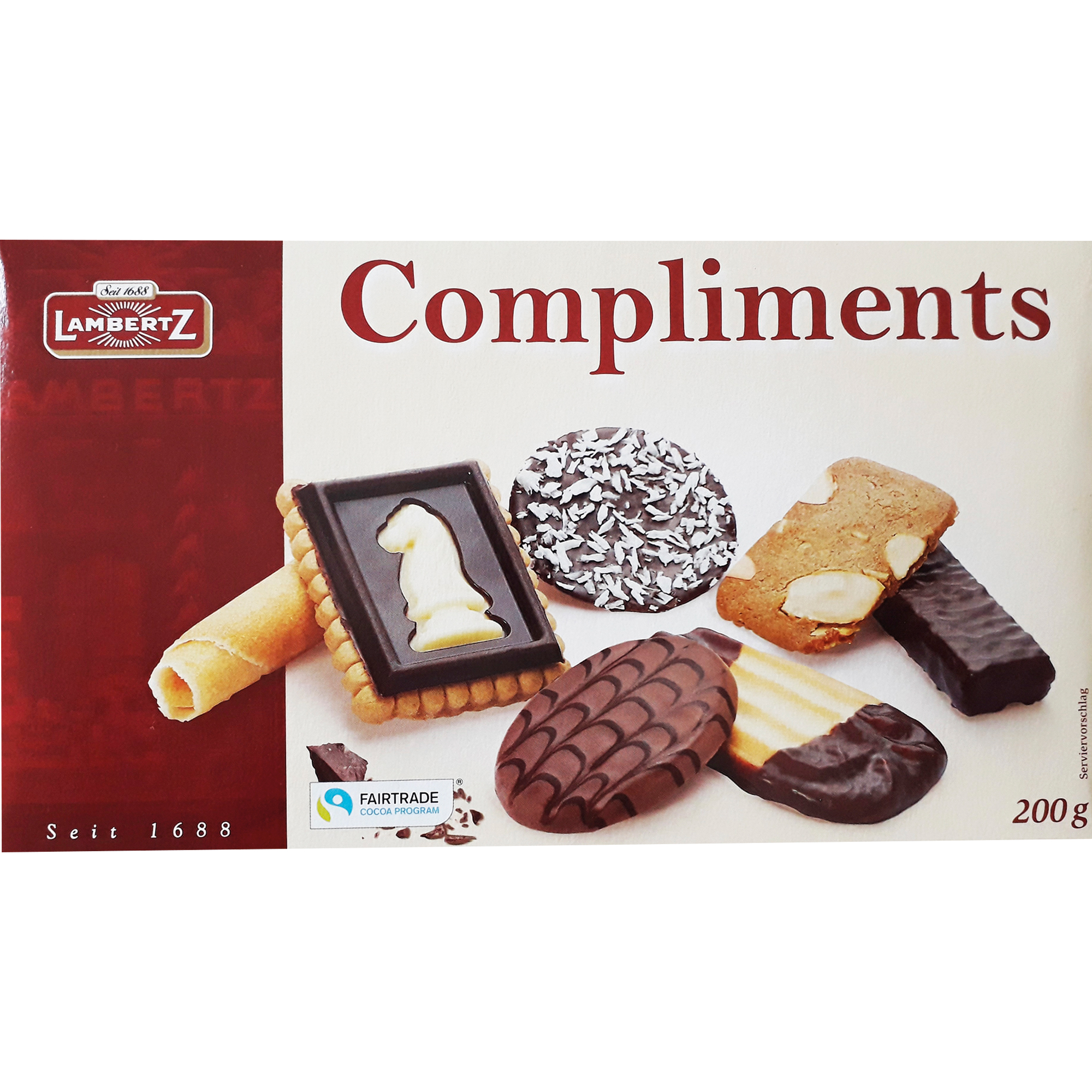 Lambertz Gebäckmischung Compliments Balena, Divina, Coco-Fleur, Neapolitaner, Mandelbrot, Chockies, Pferdekeks Karton 200 g/Pack.