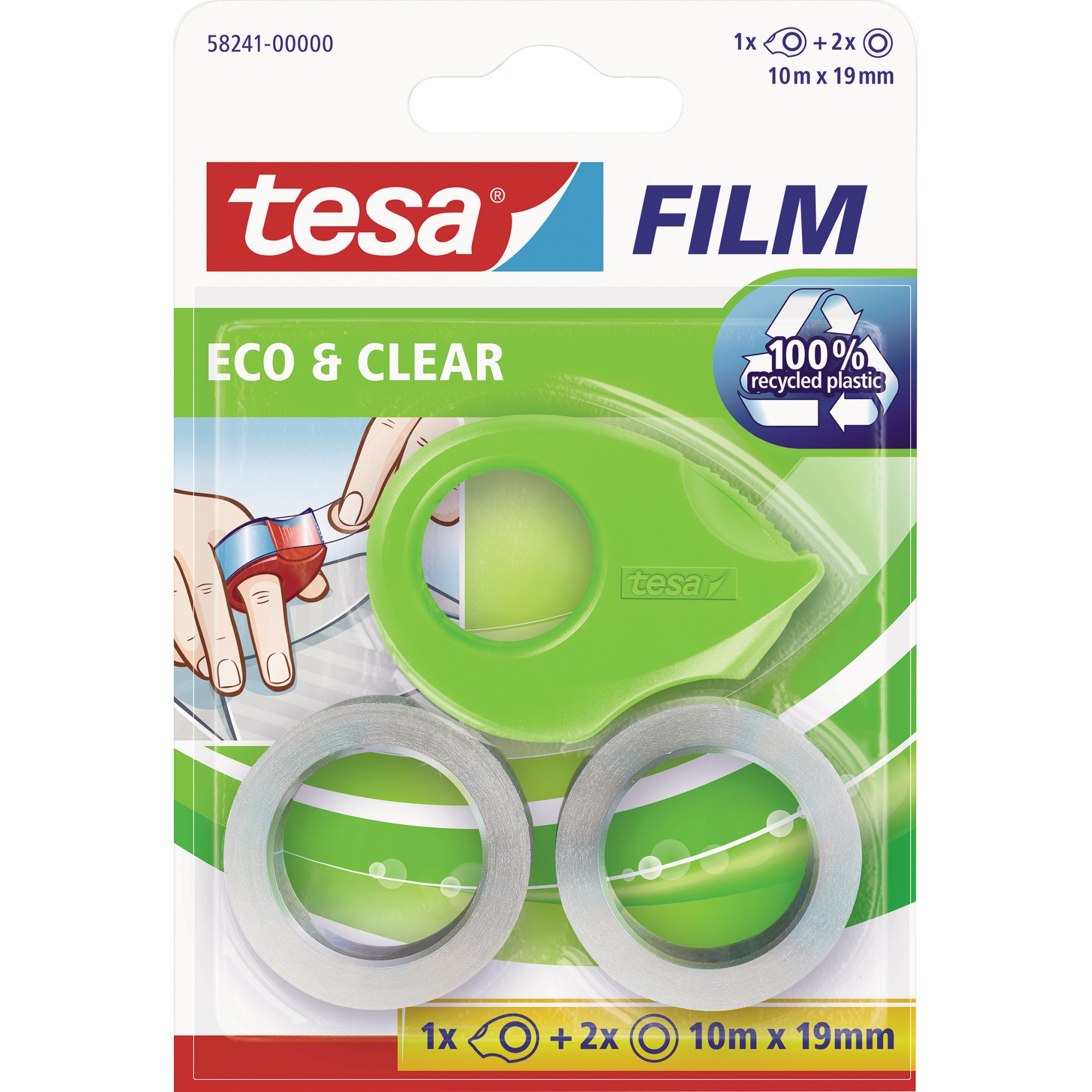 tesa® Handabroller Mini ecoLogo® nachfüllbar inkl. 2 Rollen tesafilm® Eco & Clear, 19 mm x 10 m (B x L) ohne Lösungsmittel grün