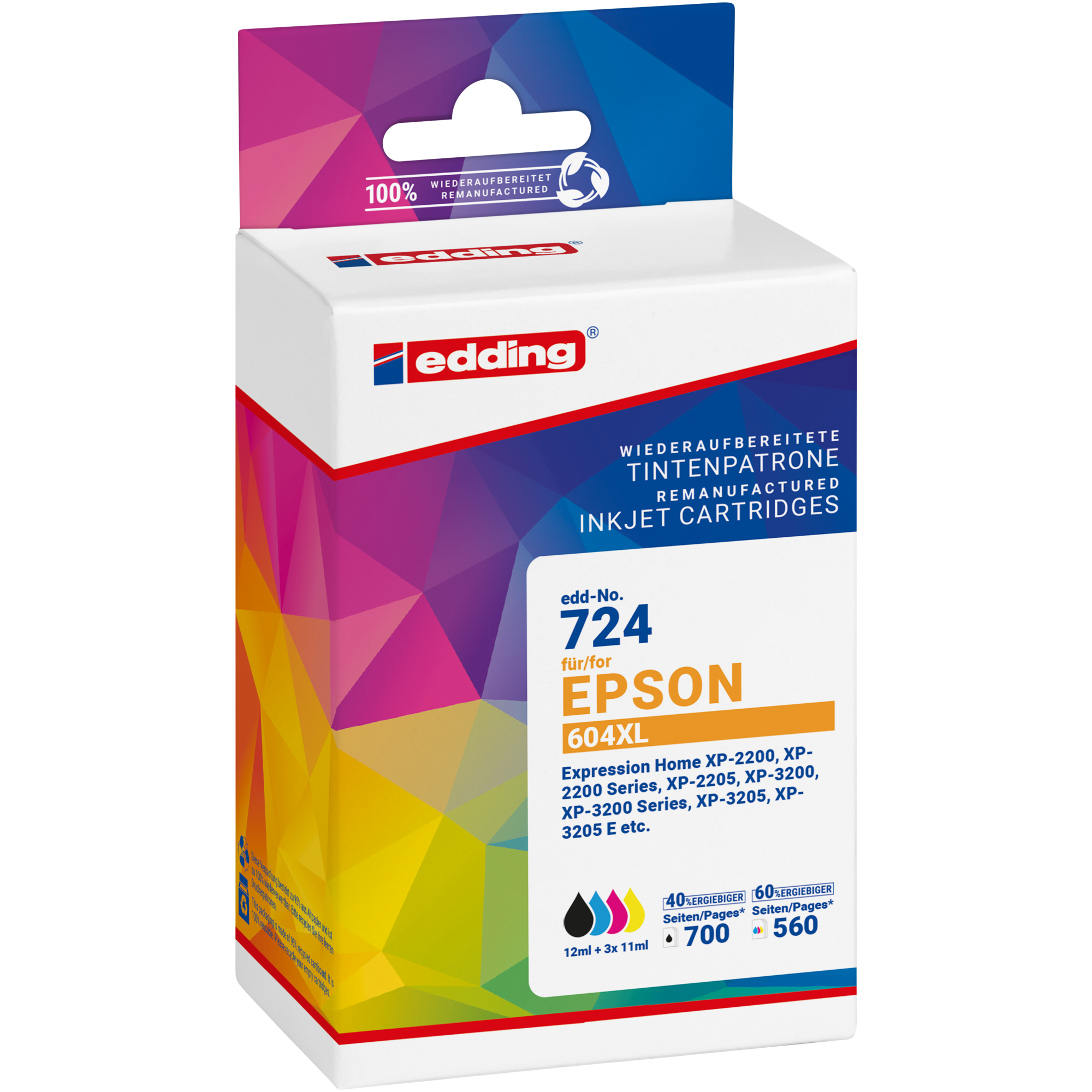 edding Tintenpatrone kein Originalzubehör Kompatibel mit: Epson 604XL EDD-724 ca. 700 Seiten schwarz, ca. 3 x 560 Seiten farbig schwarz, mehrfarbig 4 St./Pack.