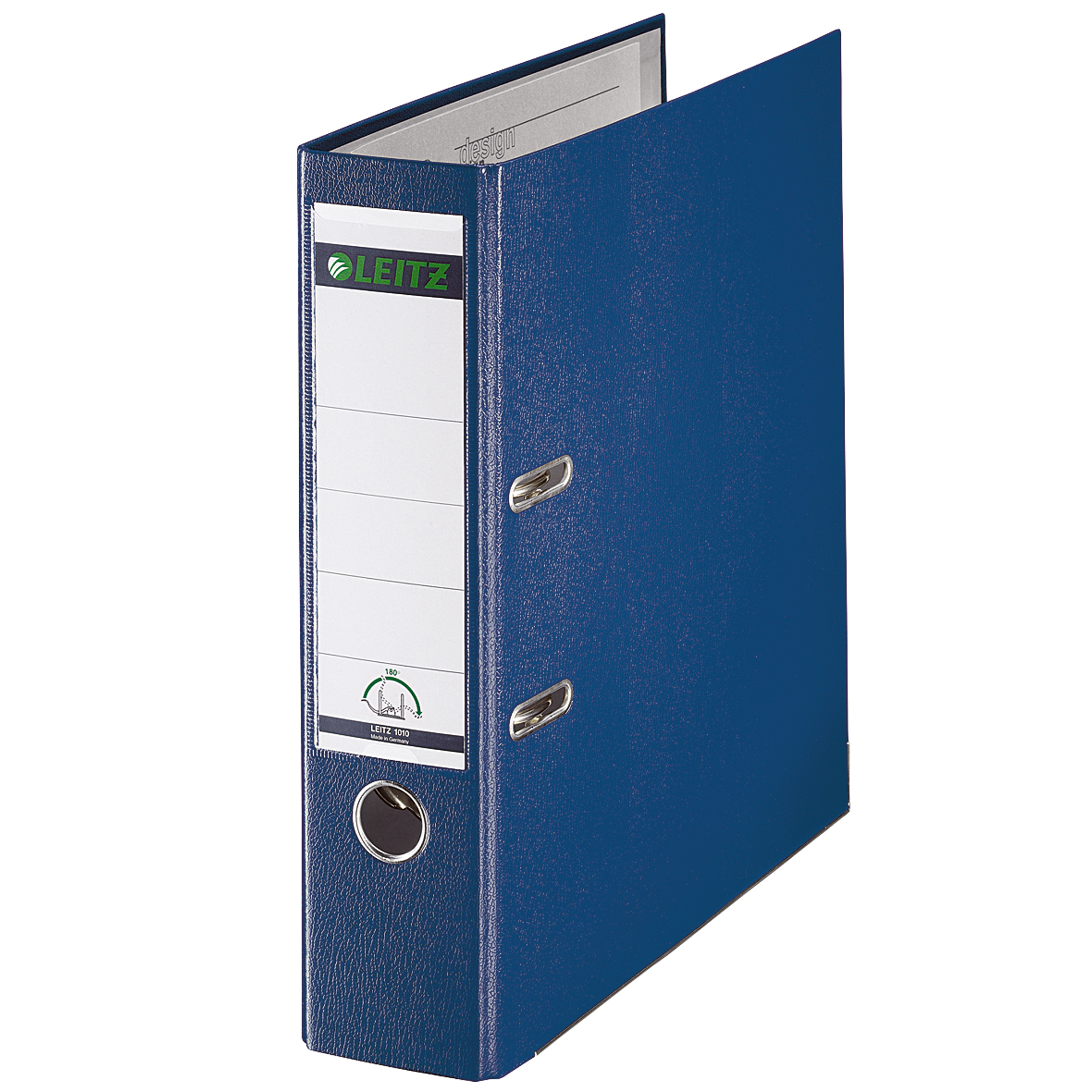 Leitz Ordner 80mm DIN A4 Rückenschild: einsteckbar mit Schlitzen Werkstoff: Graupappe, recycelt Material außen: Polypropylenfolie Material innen: Papier, PE beschichtet blau