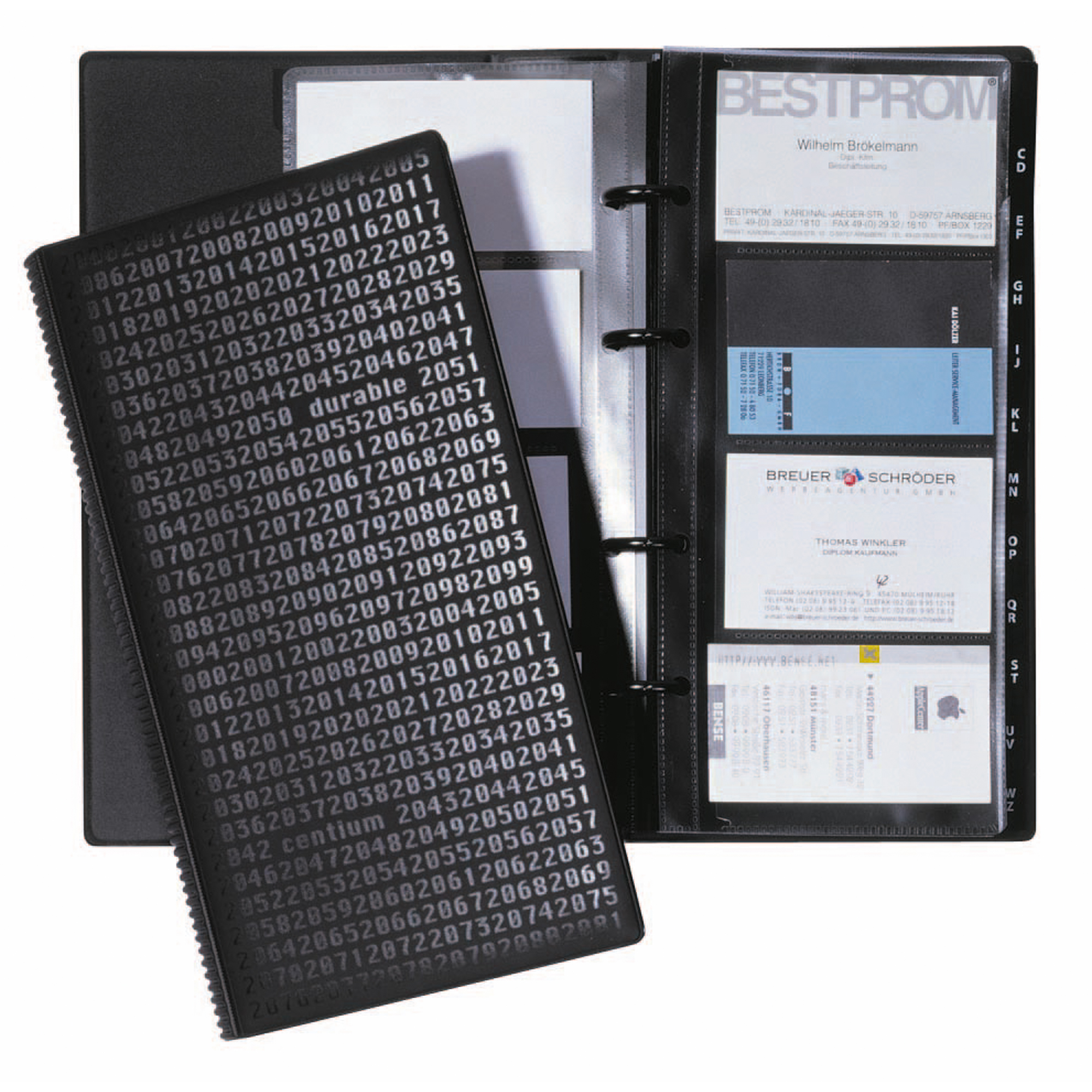 DURABLE Visitenkartenringbuch VISIFIX® CENTIUM 14,5 x 25,5 cm (B x H) 12 Registerblätter A-Z Werkstoff: Kunststoff schwarz 25 Hüllen