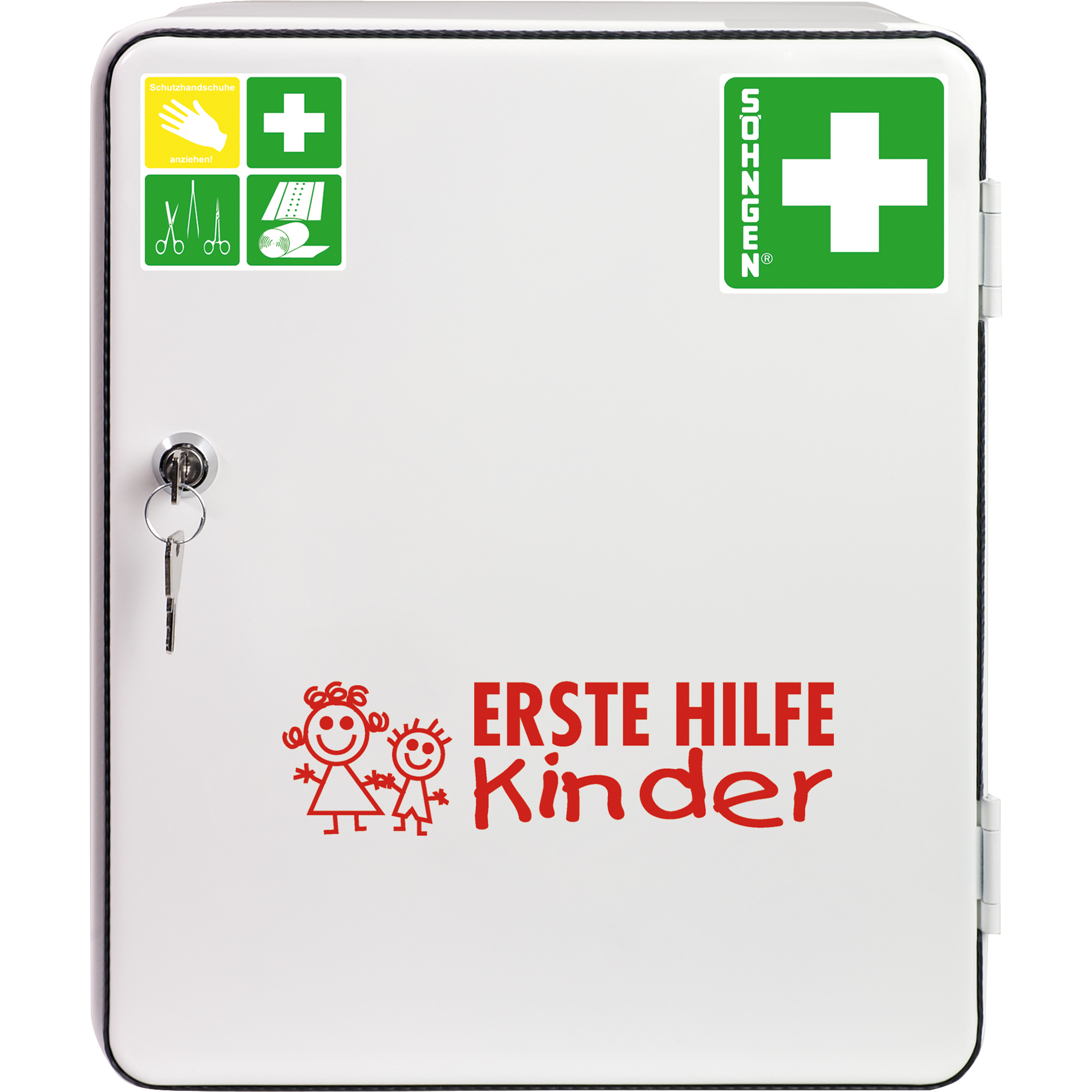 SÖHNGEN® Verbandschrank Kindergarten gefüllt Spezialfüllung Kita-Vorschulalter bis 6 Jahre, überwiegend aluderm®-, aluderm®-aluplast Kinder-Verbandstoffe in kindgerechten Größen Stahlblech weiß