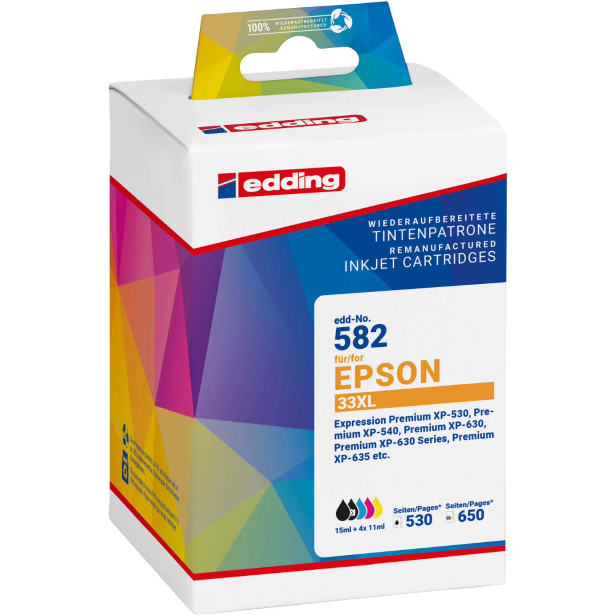 edding Tintenpatrone kein Originalzubehör Kompatibel mit: Epson 33XL EDD-582 ca. 640 Seiten schwarz, ca. 3 x 650 Seiten farbig schwarz, mehrfarbig 5 St./Pack.