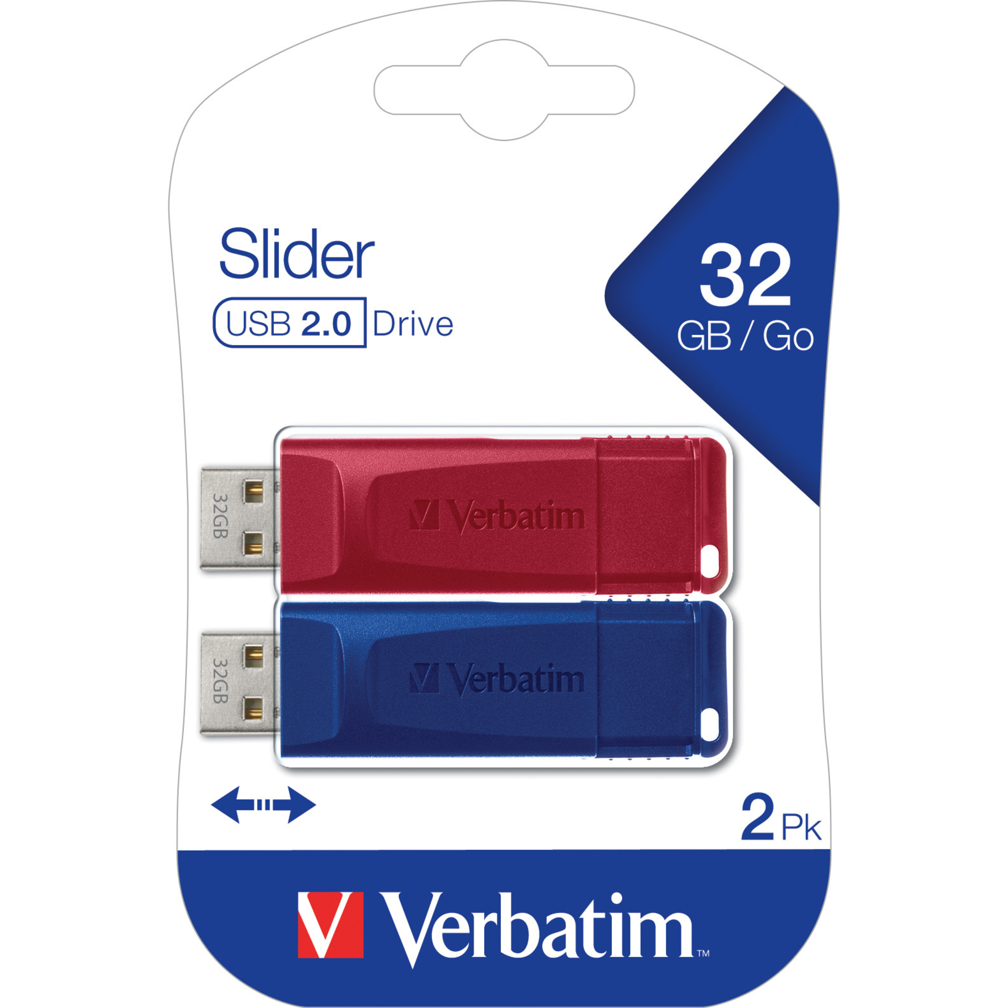 Verbatim USB-Stick Slider USB 2.0 32Gbyte rot, blau 2 St./Pack.