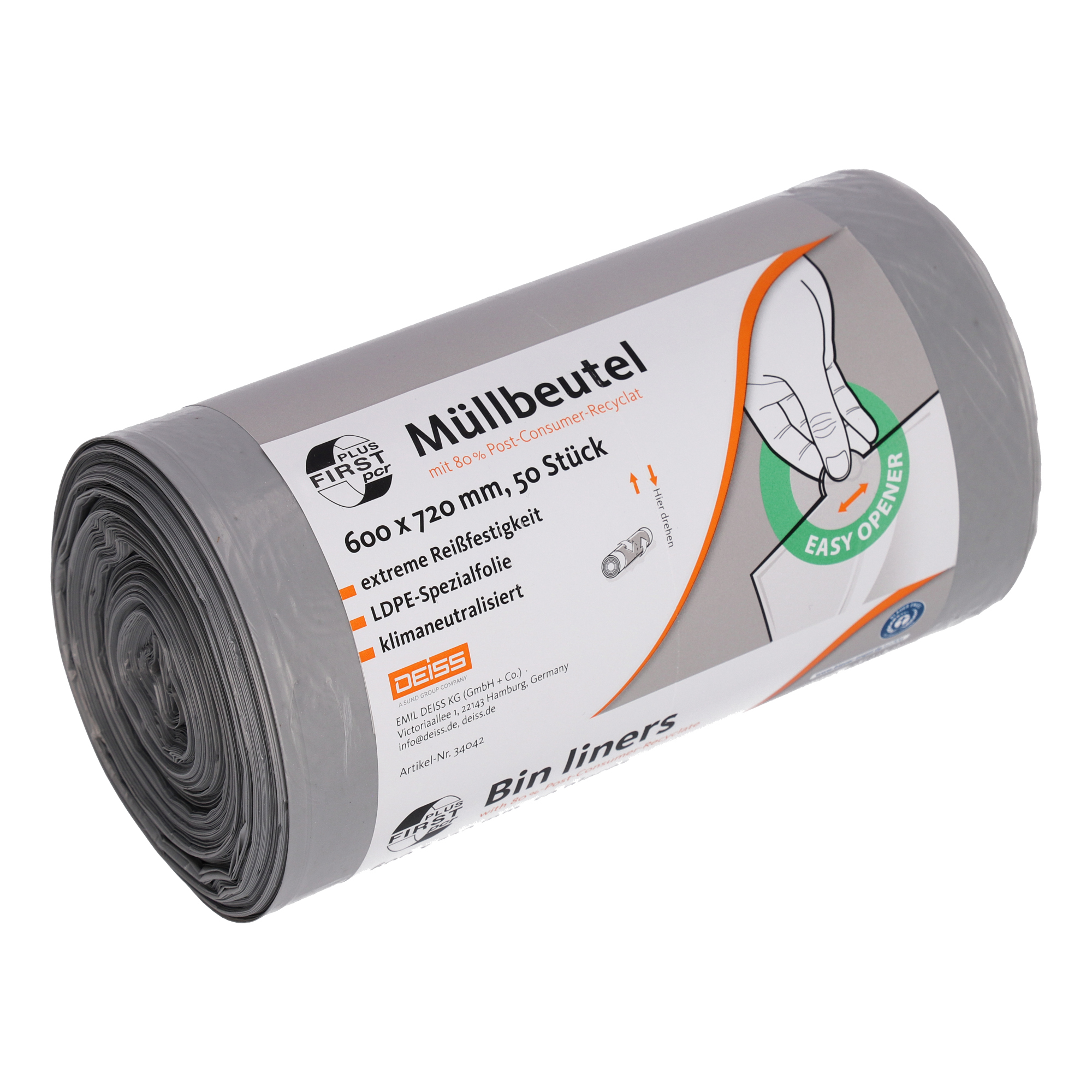 FIRST PLUS Müllbeutel 60 x 72 cm (B x H) 60l LDPE, 80 % recycelt grau 50 St./Pack.
